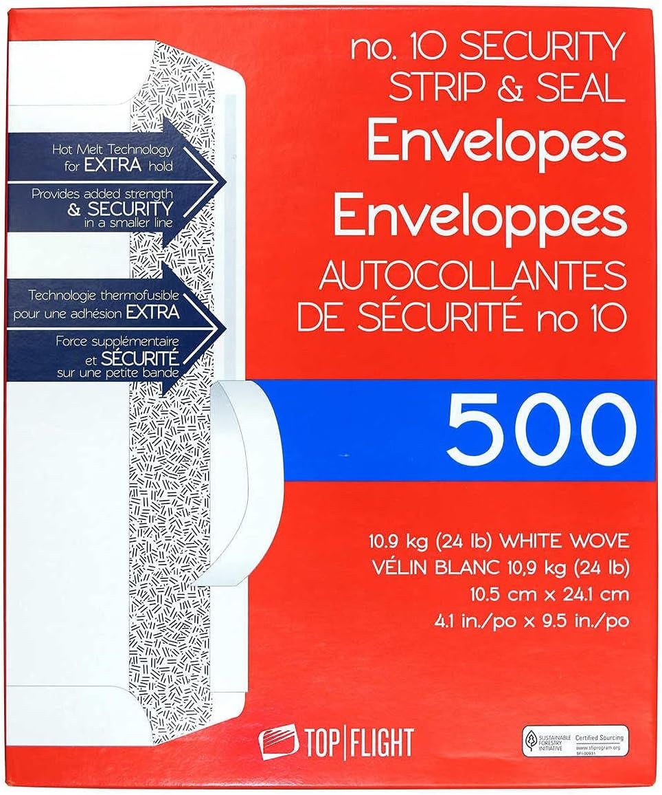 Shows the core product packaging for 500 security strip and seal envelopes, communicating the quantity, size, and security features to help shoppers understand what they are purchasing. Displays the…