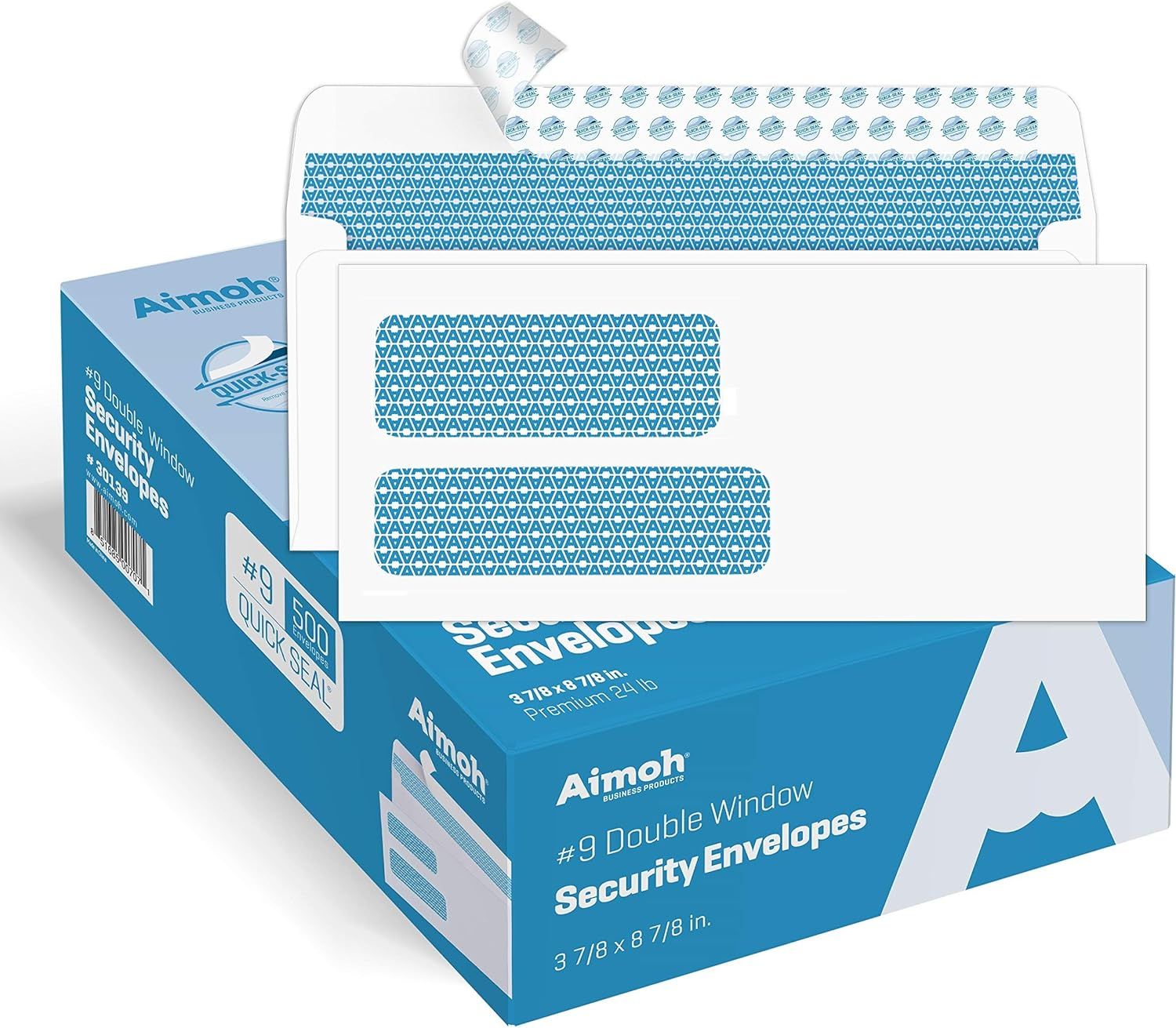 Shows the core product—a box of #9 double window security envelopes—with multiple envelopes displayed to communicate the product's design, security pattern, and professional appearance. Displays the…