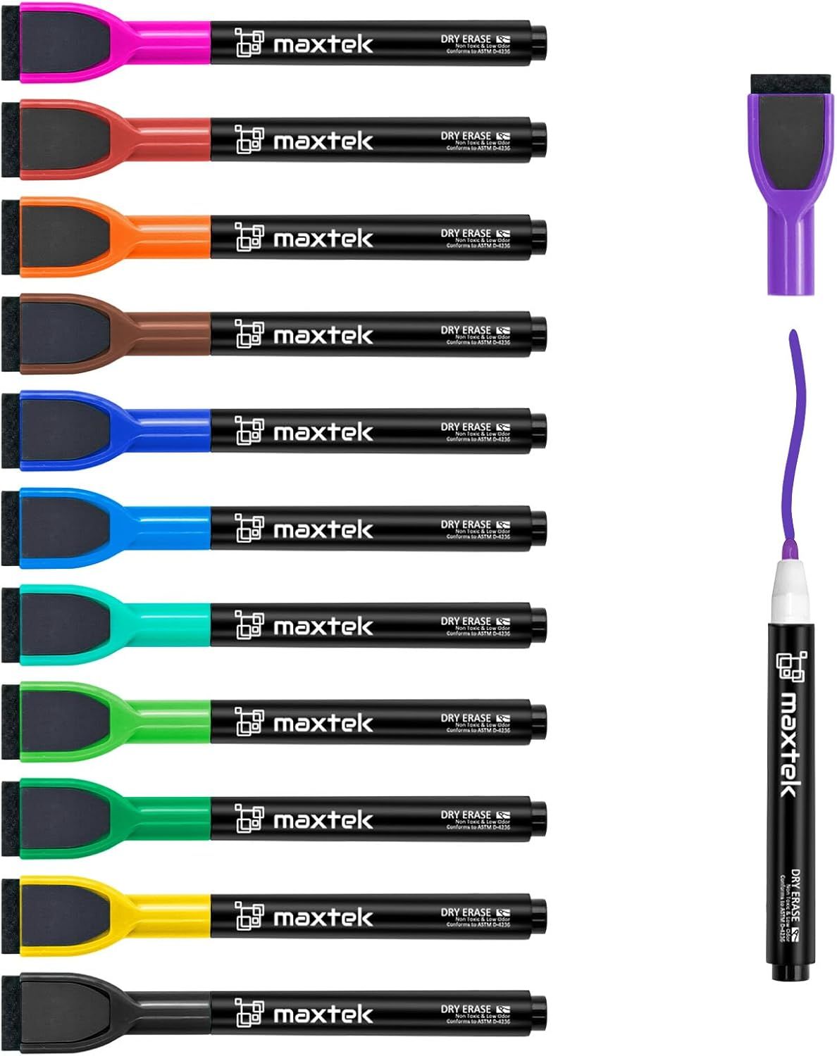 Displays the full range of available color choices for the dry erase markers, allowing shoppers to see all selectable variants in one view. Shows the core product clearly with brand name and product…