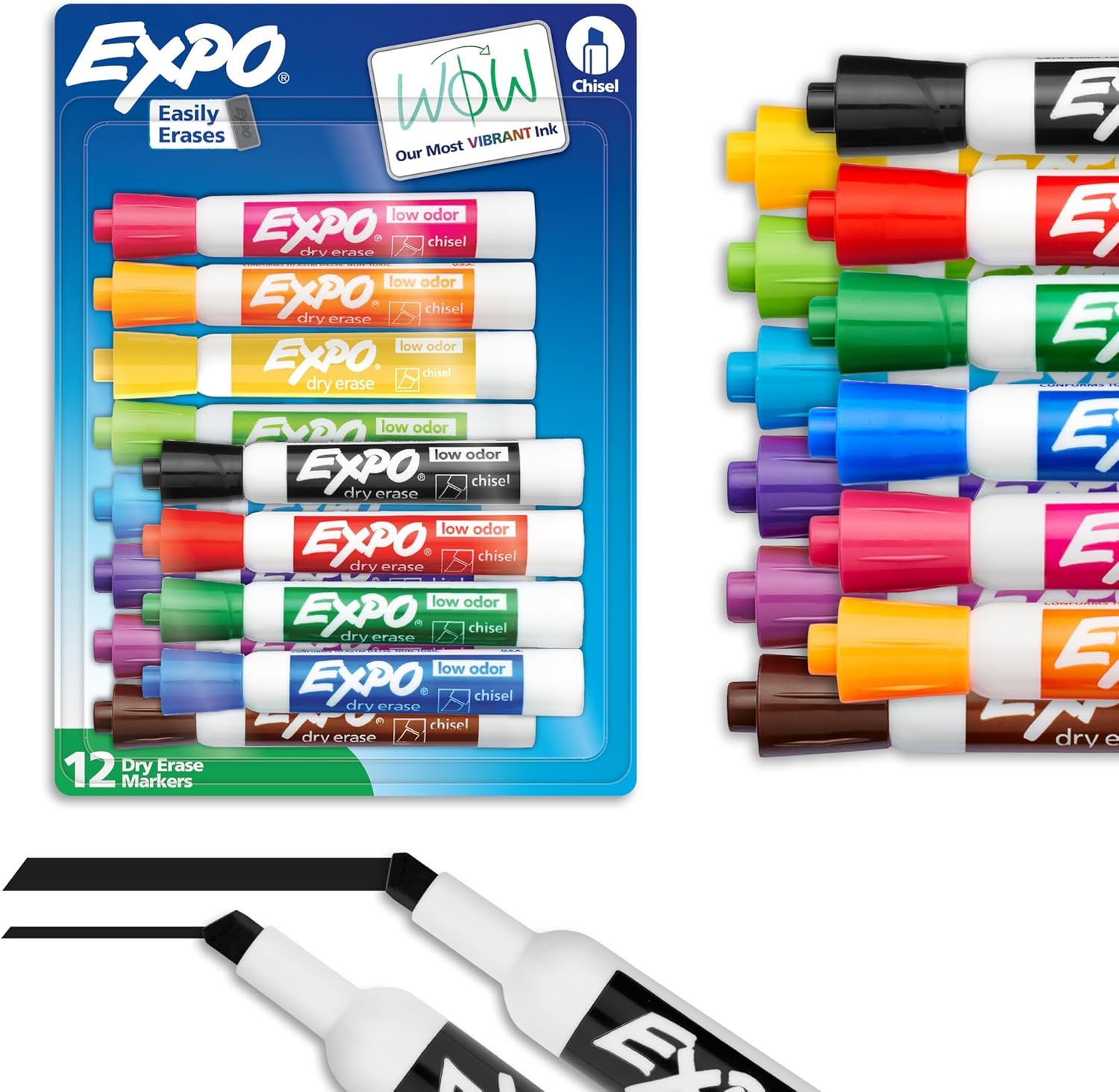 Shows the complete set of 12 dry erase markers in various colors, both in retail packaging and loose, to communicate the variety and quantity included in the purchase. Displays the actual retail…