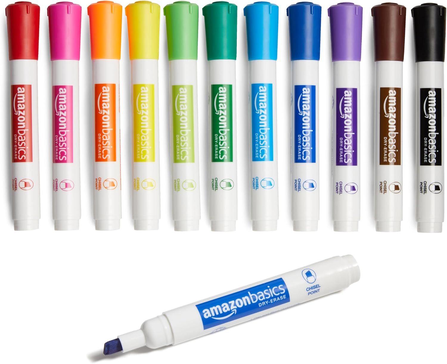 Displays the core product (dry-erase markers) in a clean catalog-style presentation, showing the full range of available colors and the chisel point tip design to help shoppers understand what they…