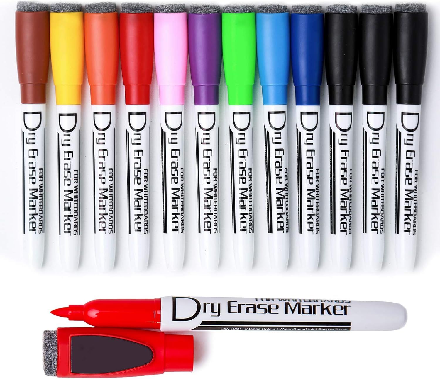 Displays the core product (dry erase markers) in a clean catalog-style presentation to show what the buyer will receive. Shows the full range of available color options for the dry erase markers,…
