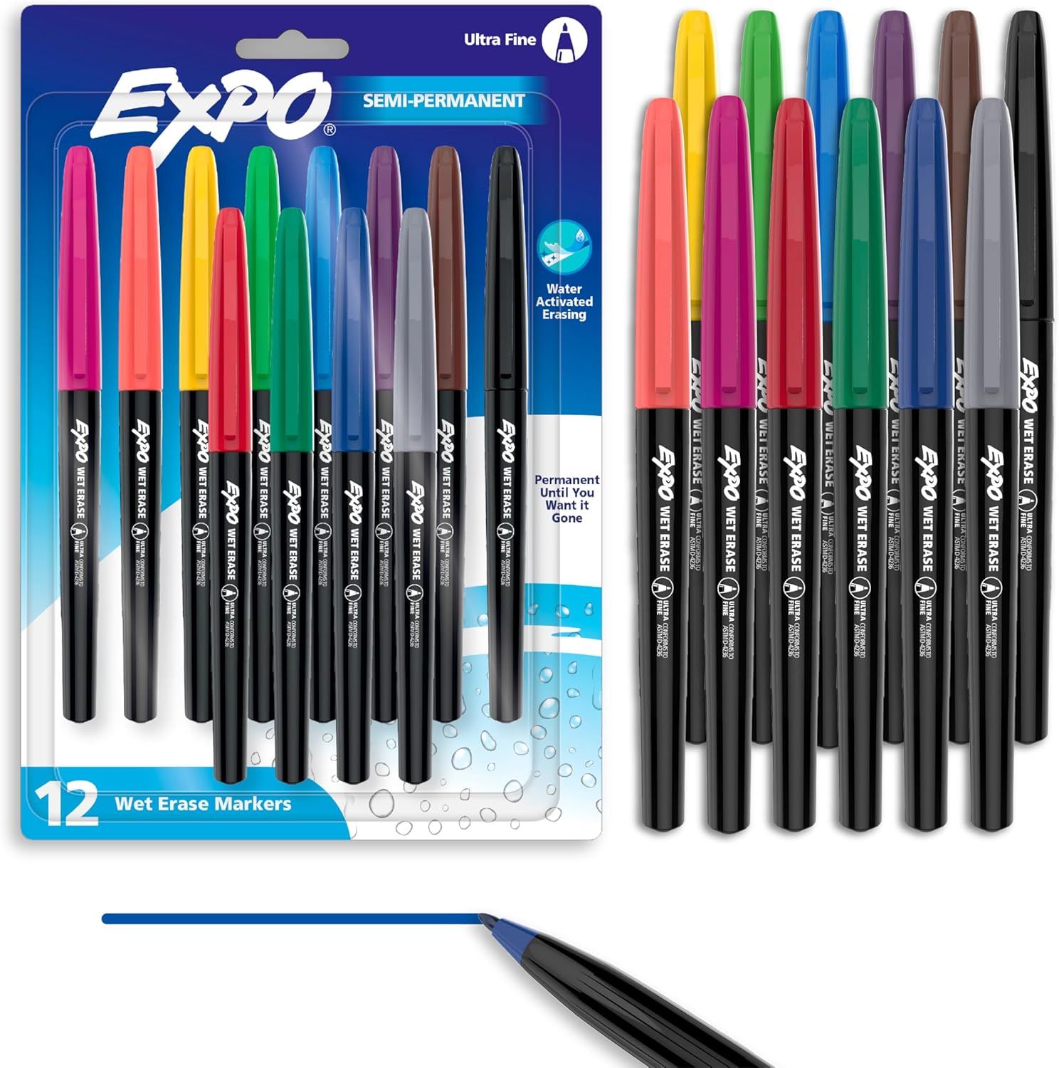 Shows the complete 12-marker set in retail packaging alongside the unpackaged markers to communicate the variety of colors included and the product design, helping shoppers understand exactly what…