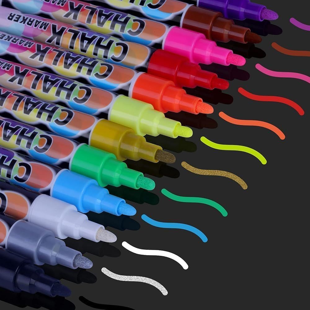 Displays the full range of chalk marker colors available to show shoppers the variety and vibrancy of the product line. Demonstrates how each marker writes and the actual color output on a surface,…