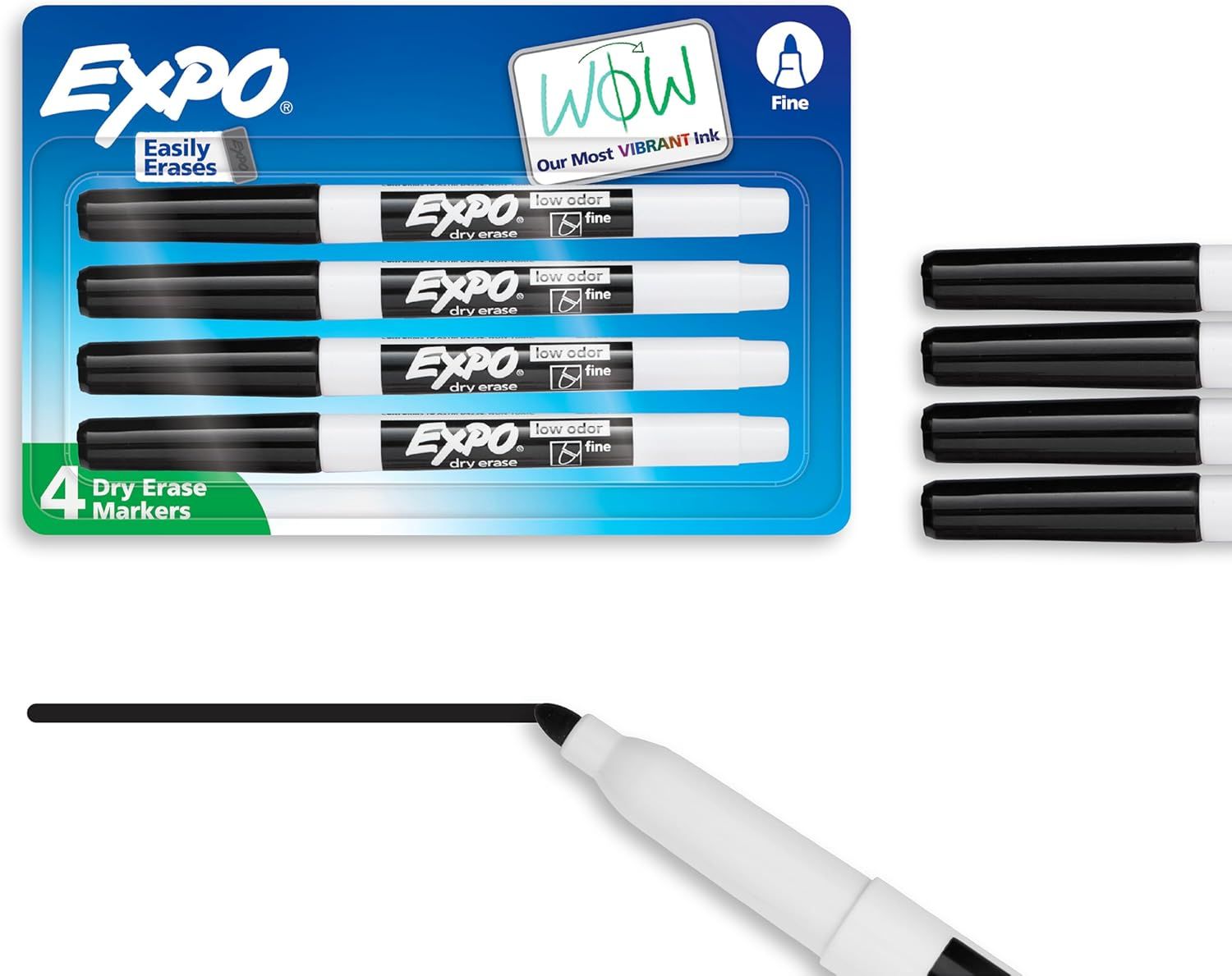 Shows the core product—a 4-pack of Expo fine-point dry erase markers—both in retail packaging and individually, so shoppers can see exactly what they are purchasing and how the markers look.…