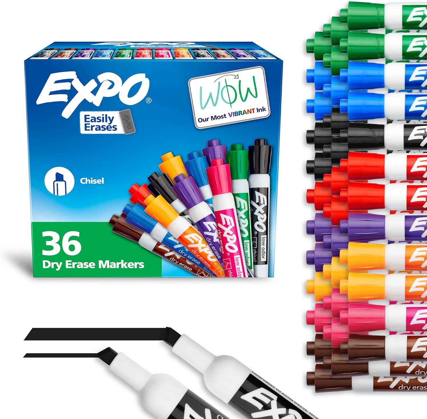 Shows the complete product offering including the retail box and all 36 markers in various colors to communicate the variety and quantity included in the purchase. Displays the physical retail…