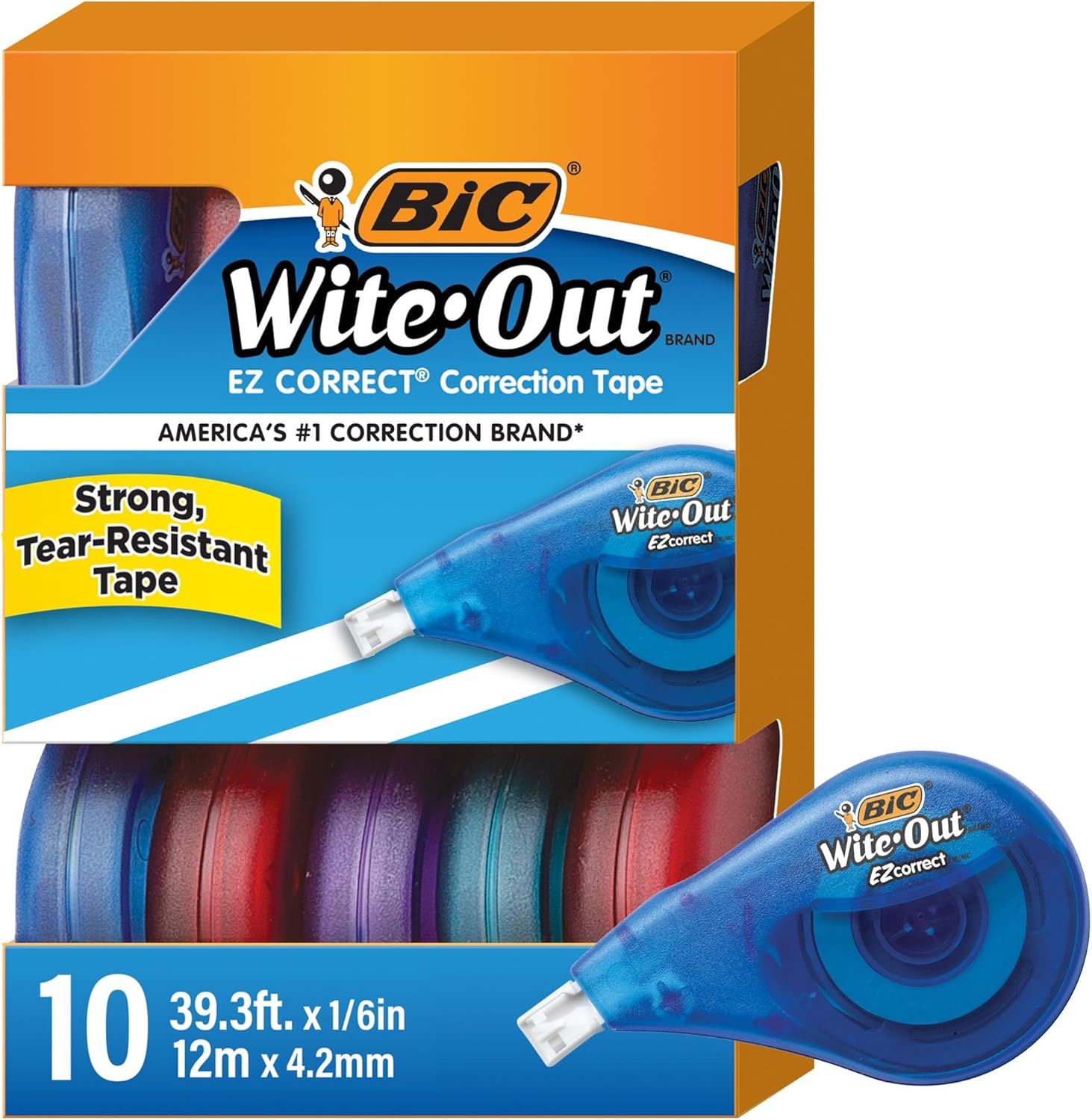 Shows the retail packaging to help shoppers recognize the product on store shelves and understand what they will receive when the product arrives. Displays the core product (BIC Wite-Out correction…