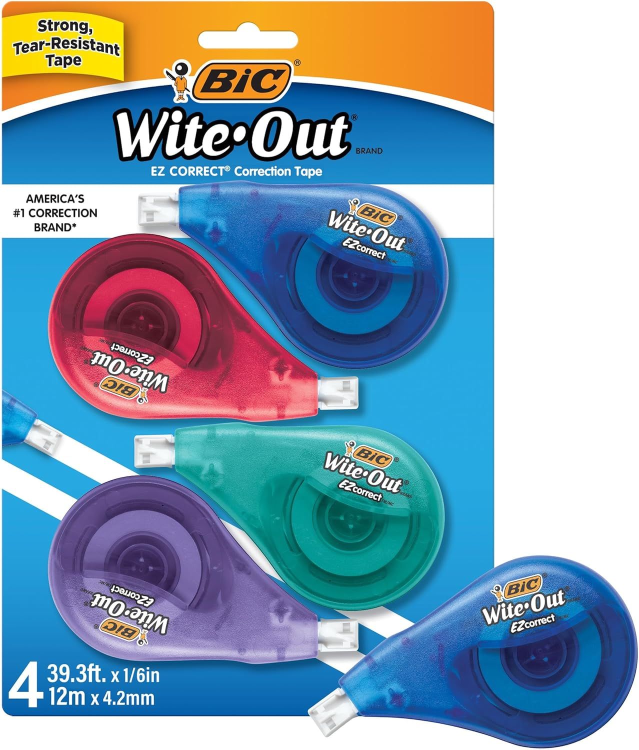Shows the core product—a 4-pack of BIC Wite-Out correction tape dispensers in multiple colors—clearly displayed on retail packaging to communicate what the shopper will receive. Displays the retail…