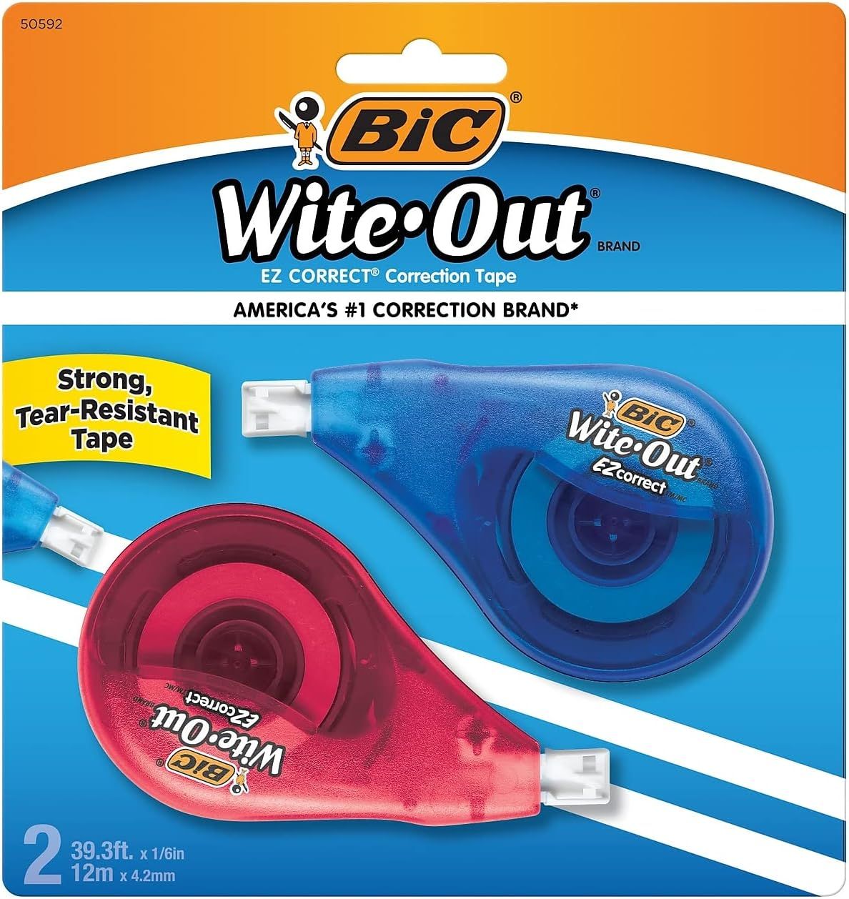 Shows the core product—two BIC Wite-Out correction tape dispensers in different colors—clearly displayed on retail packaging so shoppers can see exactly what they are purchasing. Displays the retail…