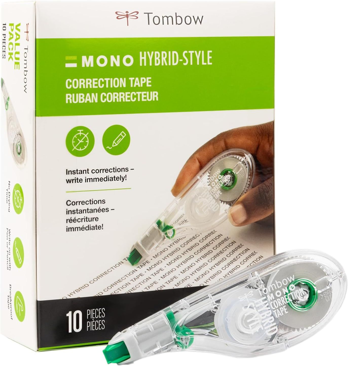 Shows the core product—Tombow MONO Hybrid-Style correction tape dispensers—clearly displayed with packaging to communicate what the shopper will receive. Displays the retail packaging with key…