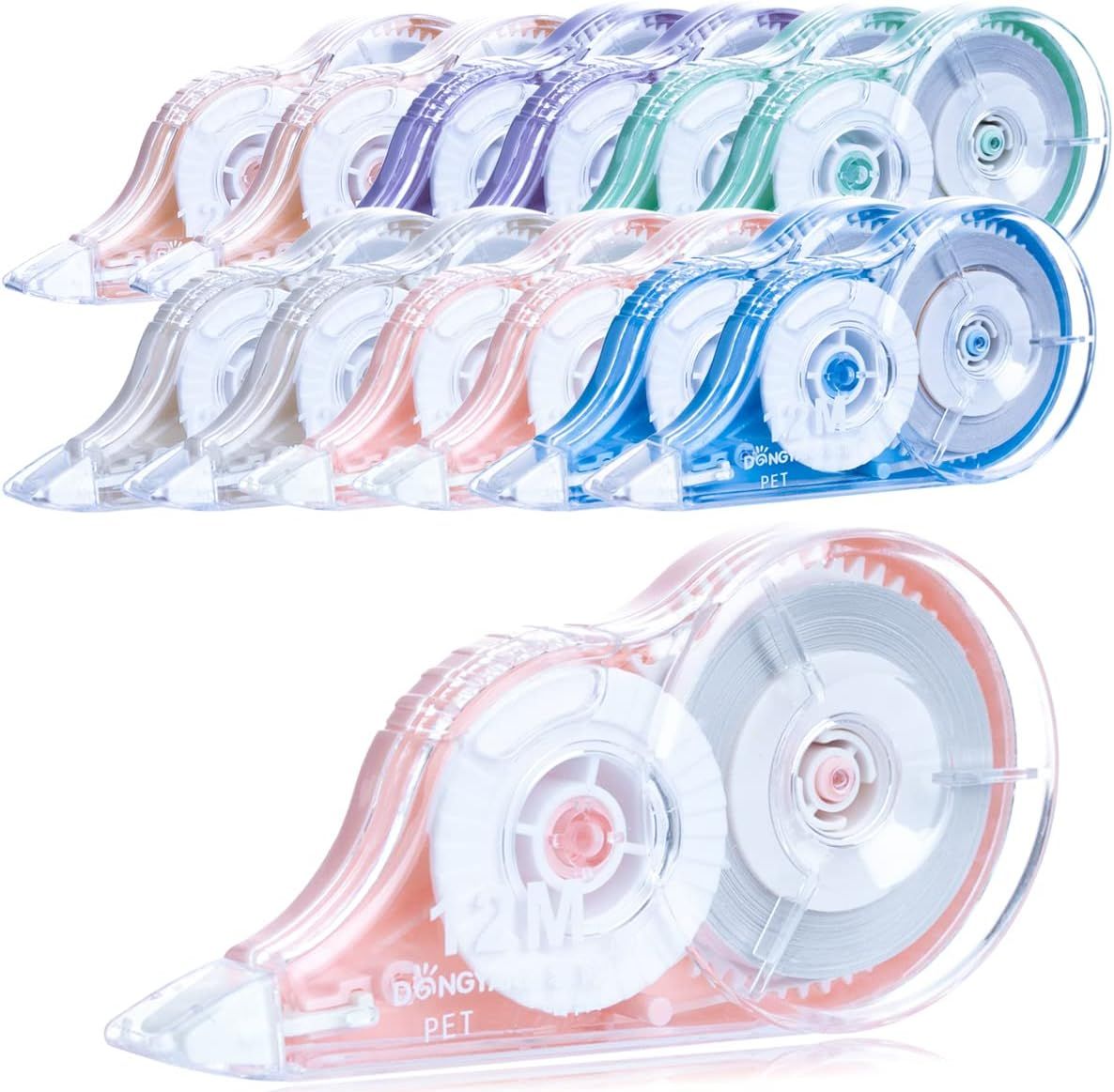 Shows shoppers the variety of color options available for the correction tape dispensers, allowing them to choose their preferred color from pink, purple, green, and blue variants.