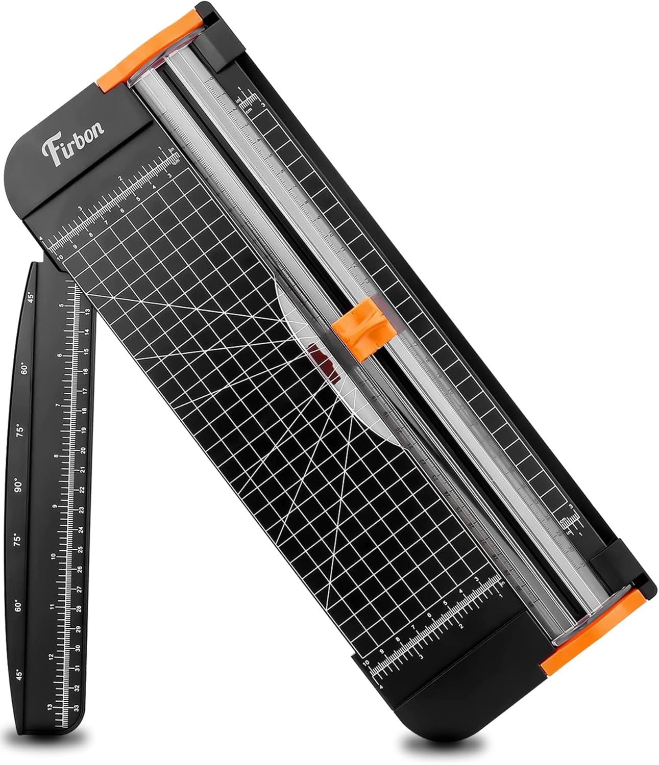 Displays the paper trimmer as the core product with clear visibility of its cutting mechanism, measurement grid, and orange safety features to communicate its functionality and precision for cutting…