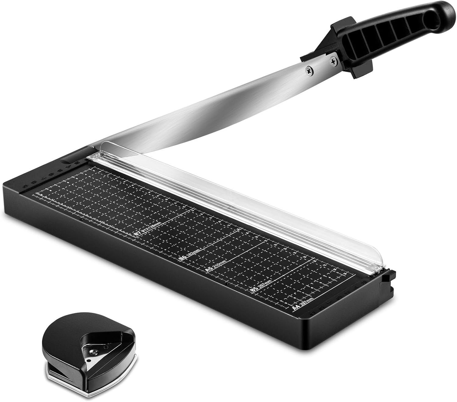 Shows the core product clearly on a white background, allowing shoppers to see the paper cutter's design, blade mechanism, measurement grid, and included corner rounder accessory. Demonstrates that…