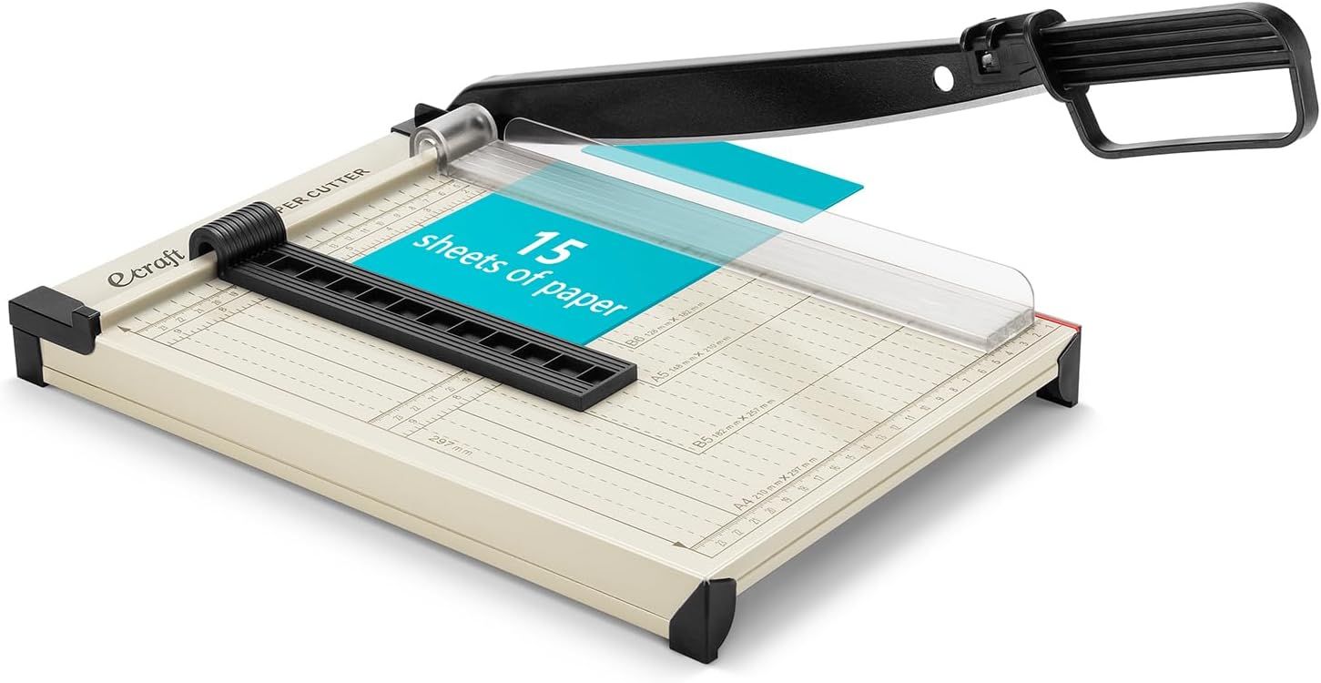 Shows the core product—a paper cutter/trimmer—clearly displayed with its key features visible, including the cutting blade, measurement grid, and capacity indicator to help shoppers understand what…
