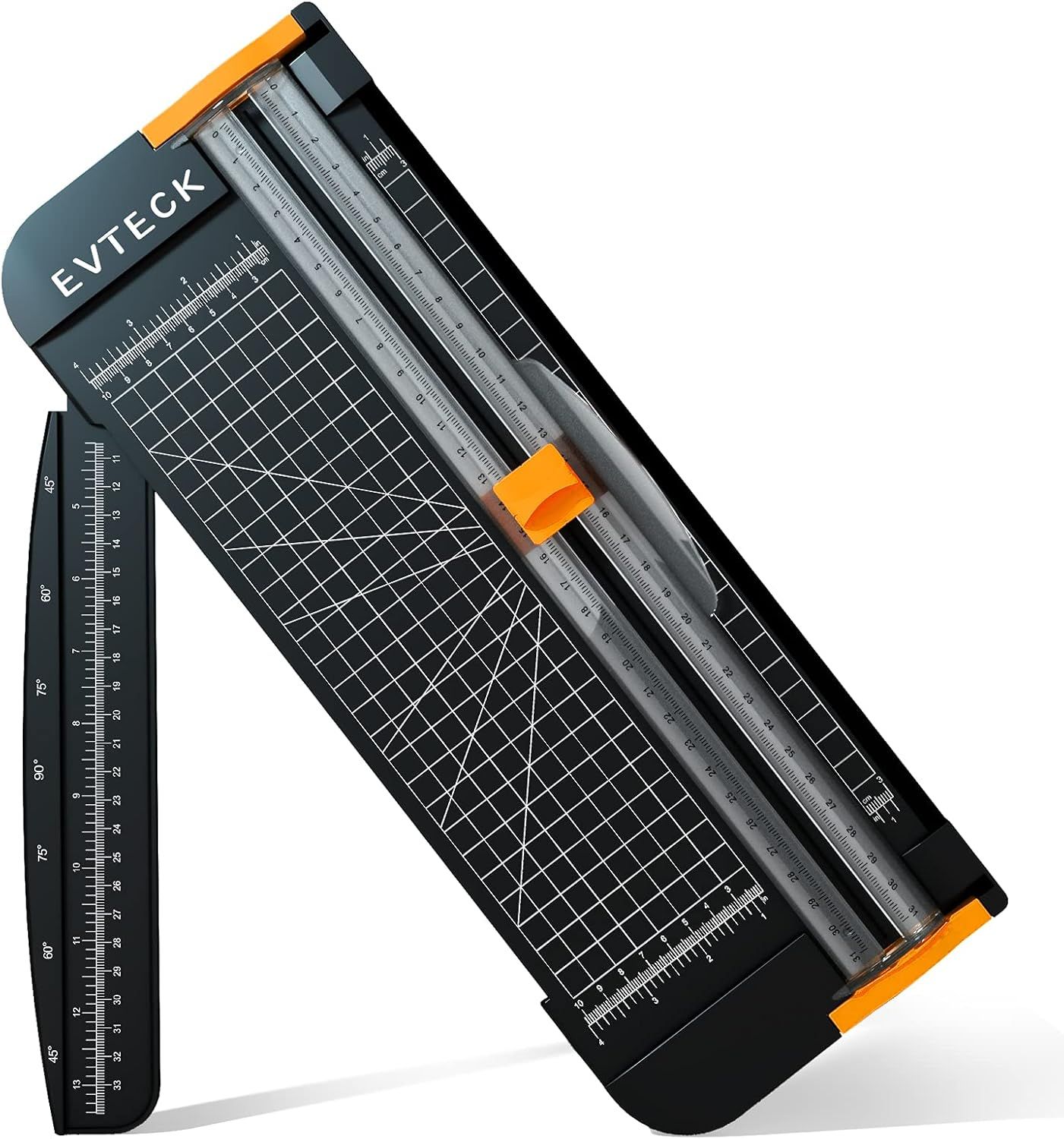 Displays the core product clearly on a white background, showing the paper trimmer's design, measurement rulers, cutting blade, and grid surface to help shoppers understand what they are purchasing.…