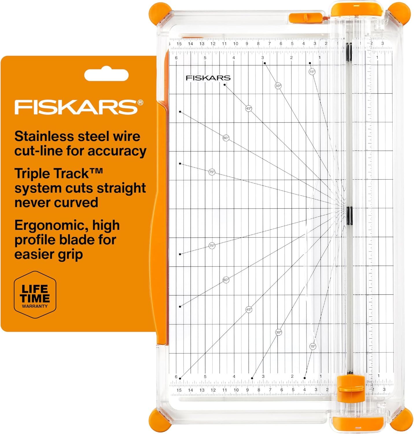 Shows the core Fiskars paper trimmer product clearly with its measurement grid, cutting guides, and orange safety corners, allowing shoppers to see exactly what they will receive. Displays the…
