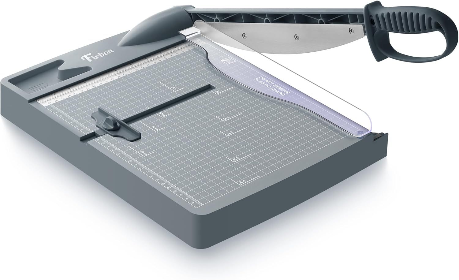Shows the complete paper trimmer product with its key features including the guillotine cutting blade, measurement grid, and ergonomic handle to help shoppers understand what they are purchasing.…