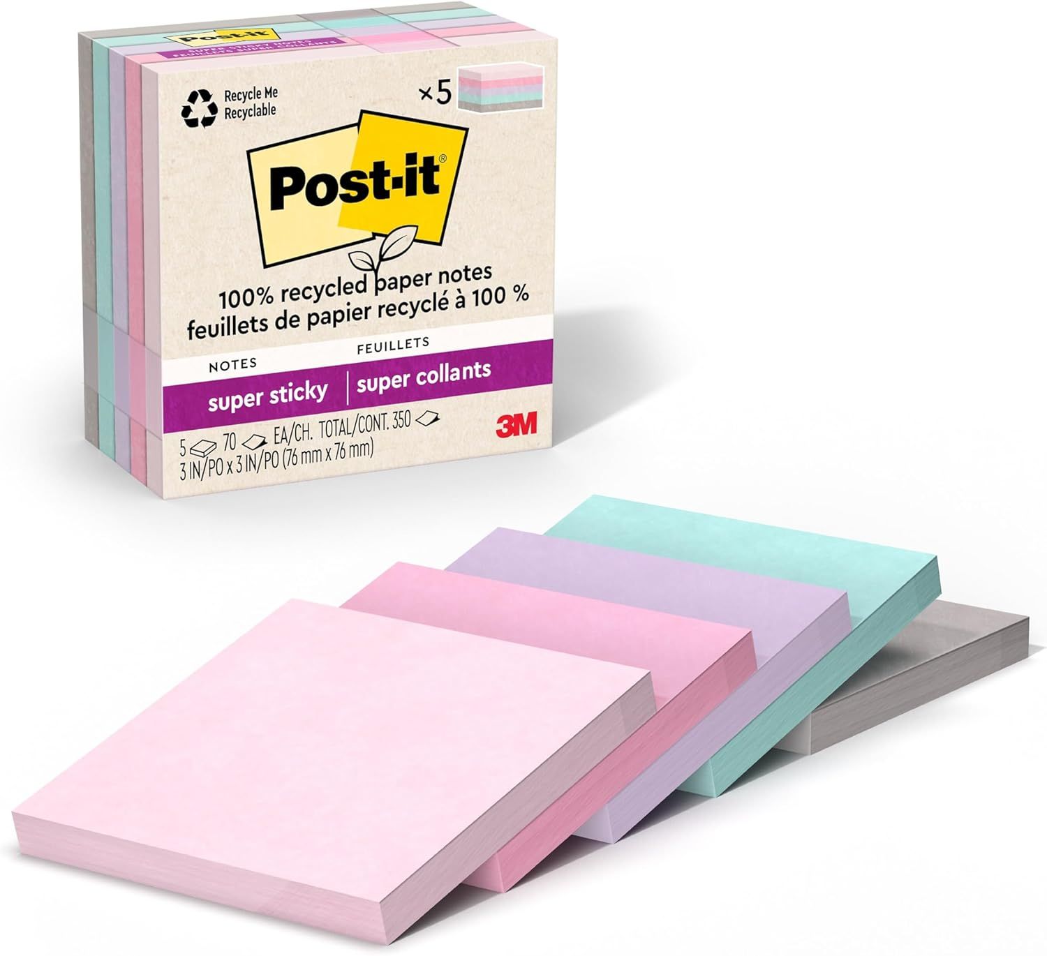 Shows the Post-it sticky notes product in multiple pastel colors with its retail packaging, communicating the eco-friendly recycled paper material and super sticky adhesive feature to shoppers.…