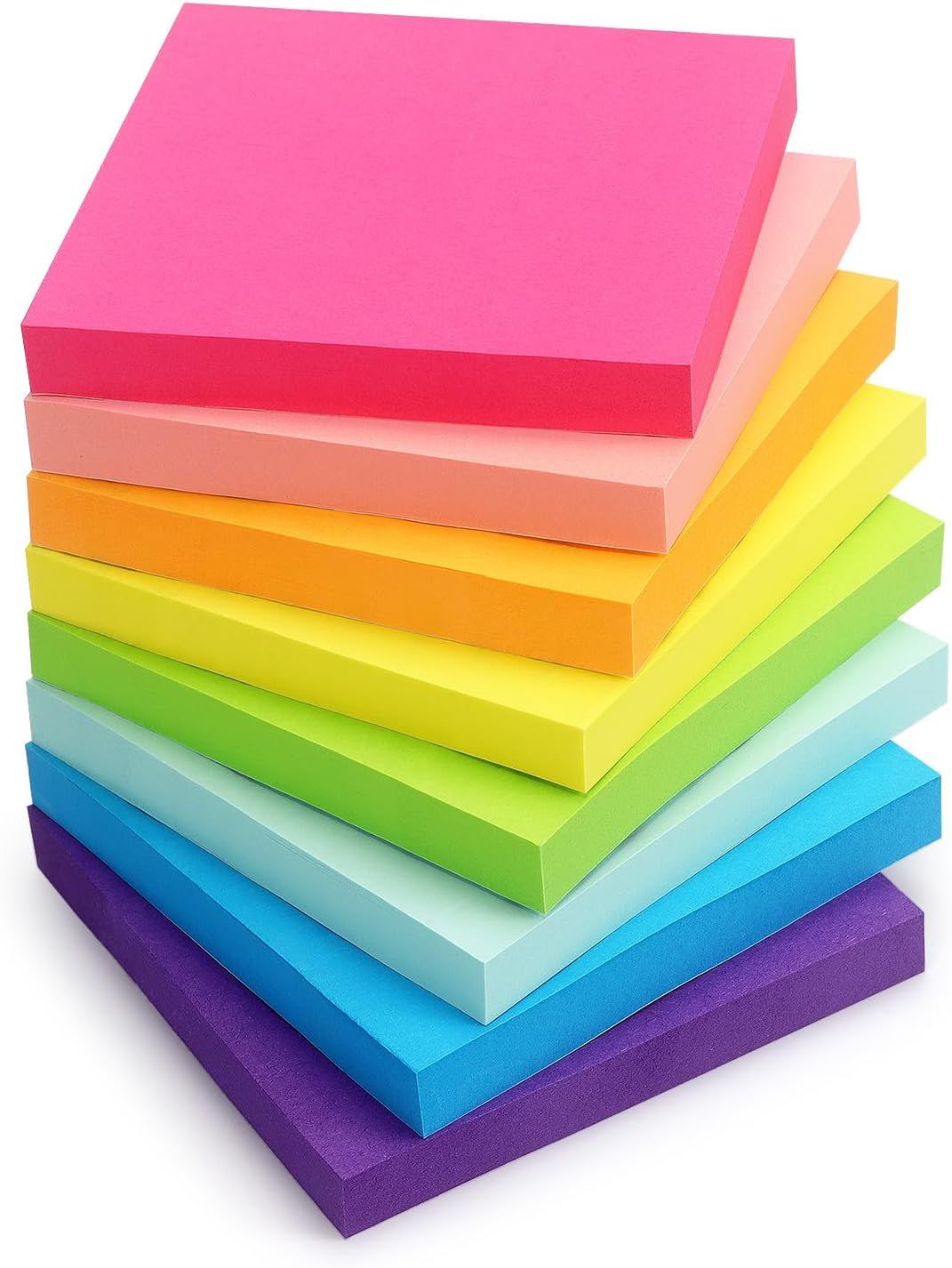 Displays the core product as a stack of colorful sticky note pads to show the variety of vibrant colors included in the set. Showcases the multiple color options available to help shoppers…