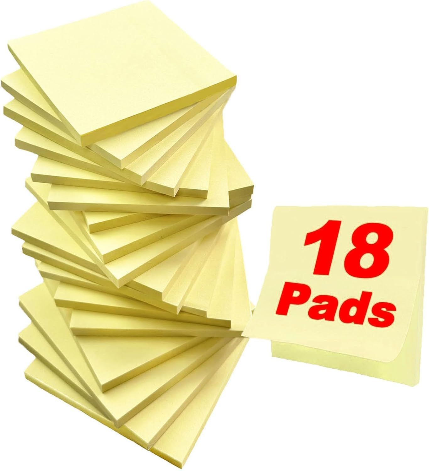 Shows the core product clearly - a multi-pack of 18 yellow sticky note pads stacked together, communicating the quantity and format of what the buyer will receive. The red text overlay reading 18…