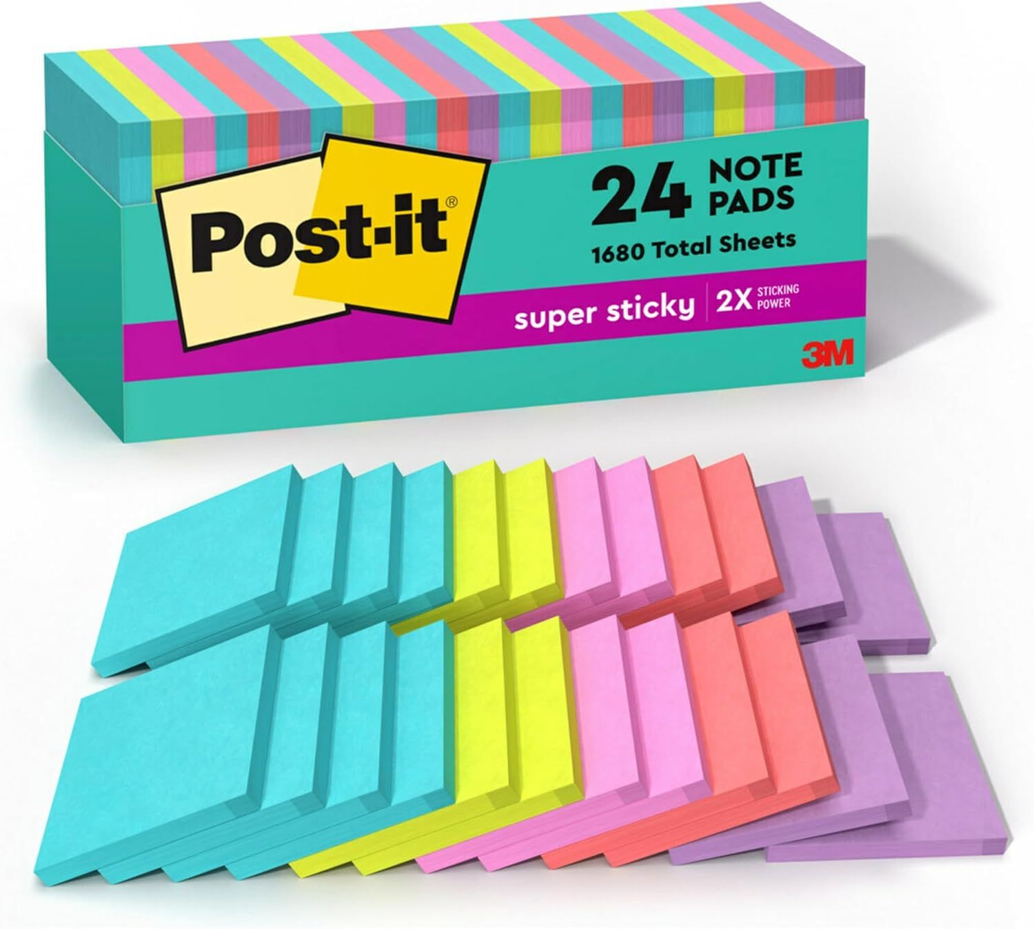 Shows the Post-it note pads in their retail packaging alongside the full set of 24 colorful pads to communicate the quantity and color variety included in the purchase. Displays the branded retail…