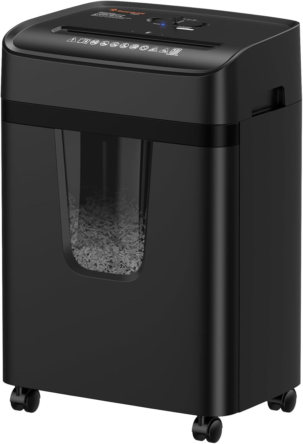 Displays the core product clearly on a white background, showing the shredder's design, control panel, and transparent window with shredded paper to communicate its function and build quality.