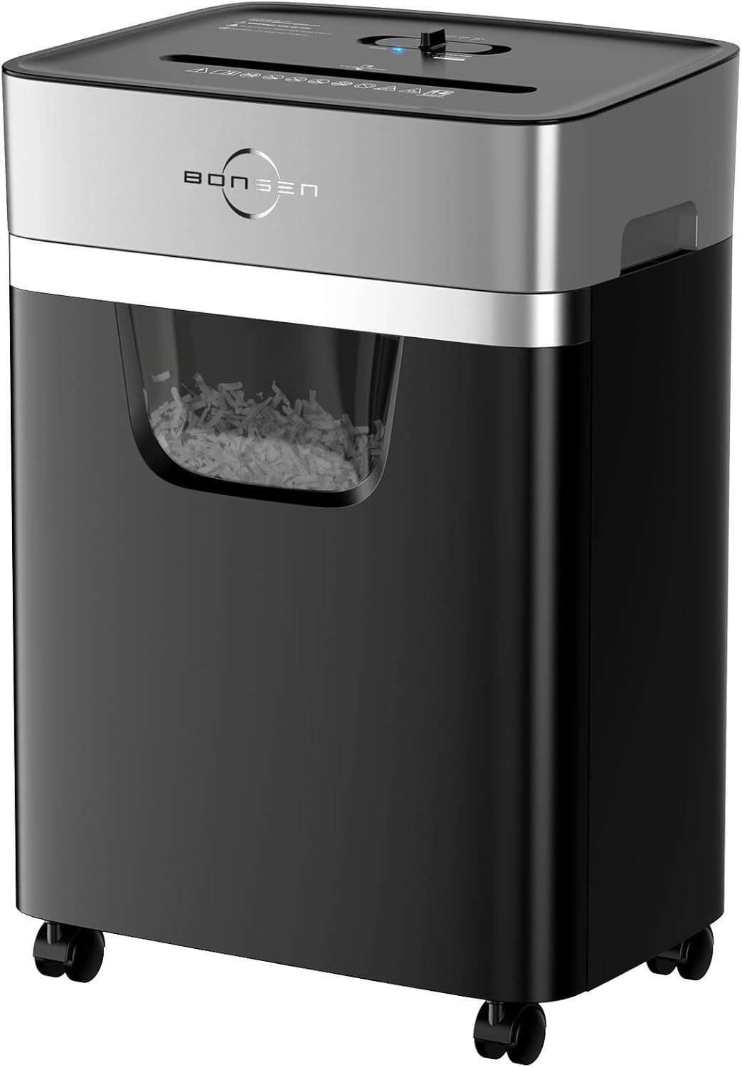 Shows the core paper shredder product with a clear view of its transparent collection bin containing shredded paper, demonstrating the product's functionality and allowing shoppers to see the…