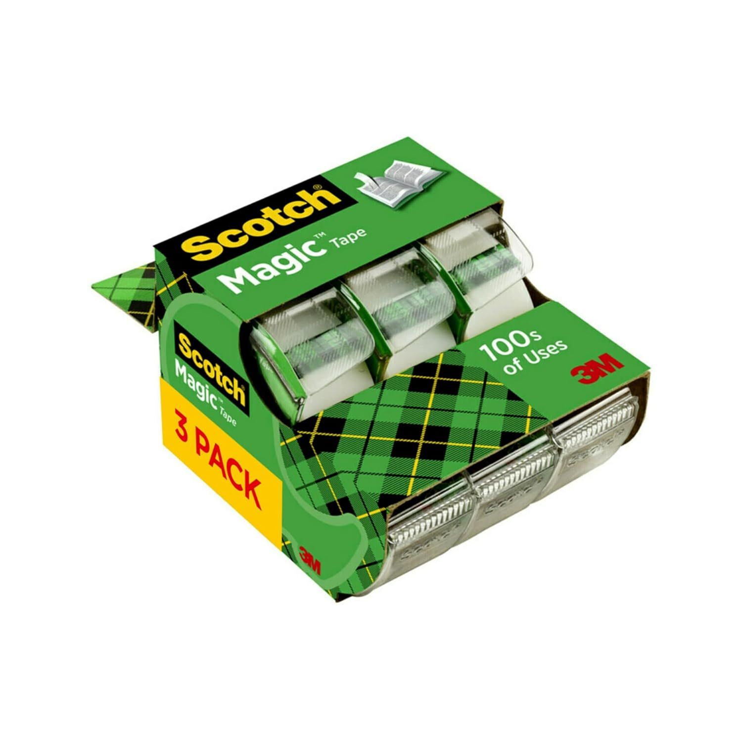 Shows the core sellable product, a 3-pack of Scotch Magic Tape, clearly displayed with the tape rolls visible in their retail packaging to communicate what the buyer will receive. Displays the…