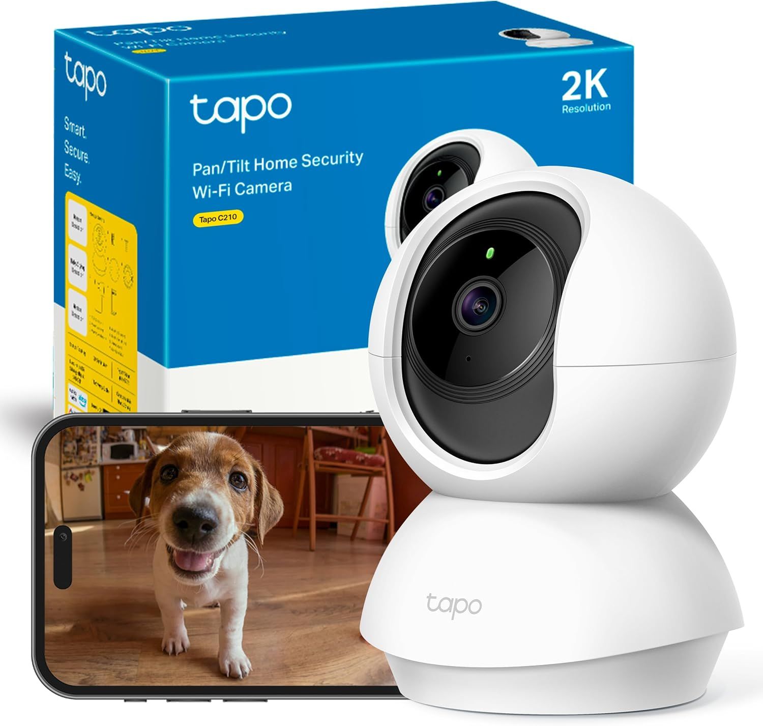 Shows the core product—a pan/tilt home security camera—alongside its retail packaging and a smartphone displaying live footage, communicating the product's appearance, key features, and remote…