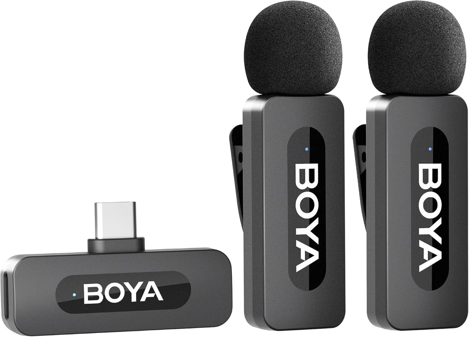 Displays the complete wireless microphone system including two transmitter microphones and one USB-C receiver to show shoppers exactly what they will receive and how the components work together.…