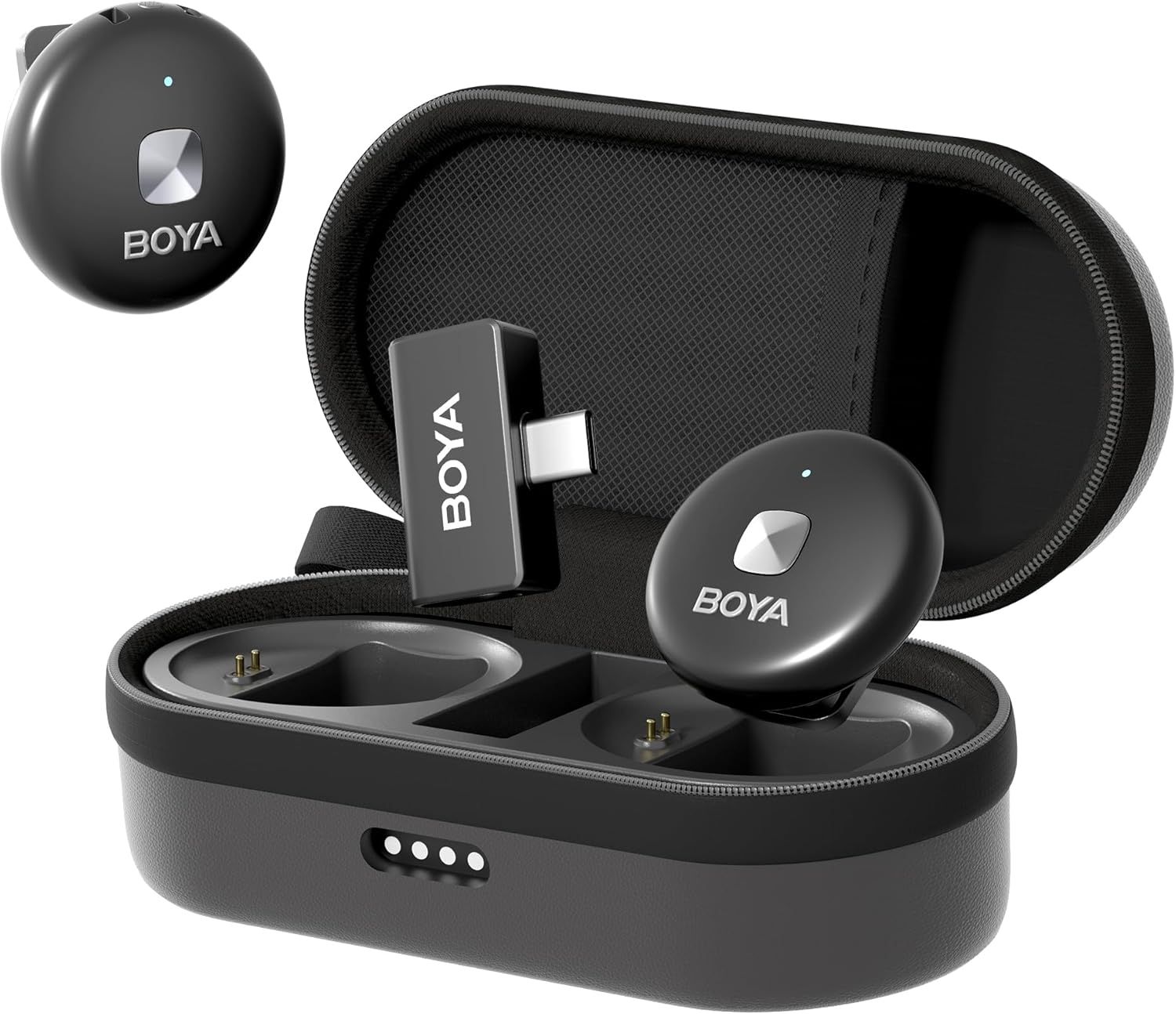 Shows the complete BOYA wireless microphone system including two microphone units, USB-C receiver, charging case, and carrying pouch to communicate the full package contents and professional audio…