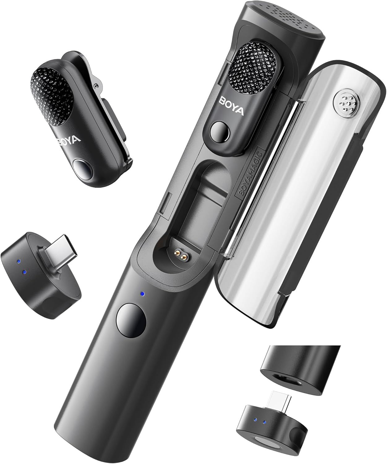 Displays the core wireless microphone product with its multiple components and configurations to show shoppers what they will receive and how the system can be assembled. Shows all the included…