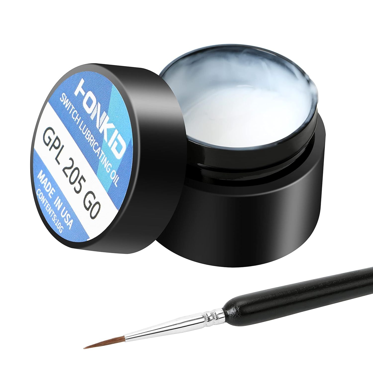 Shows the core product, a switch lubricating oil in a jar with its cap removed to display the product contents, alongside a precision brush applicator to communicate what the buyer receives and how…