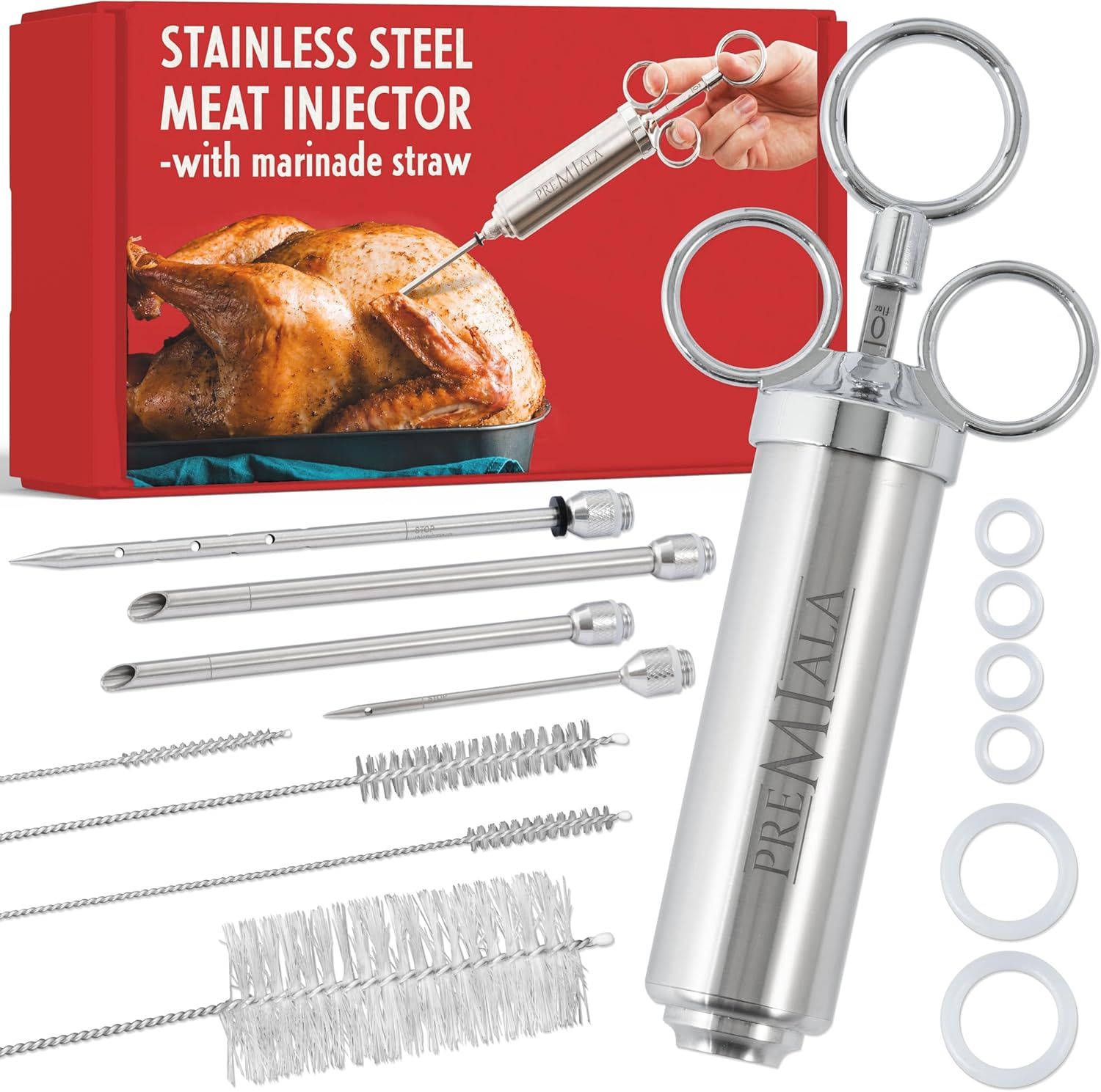 Shows the complete meat injector kit with all included components to communicate the comprehensive nature of the product and what the buyer will receive. Displays all the included accessories and…
