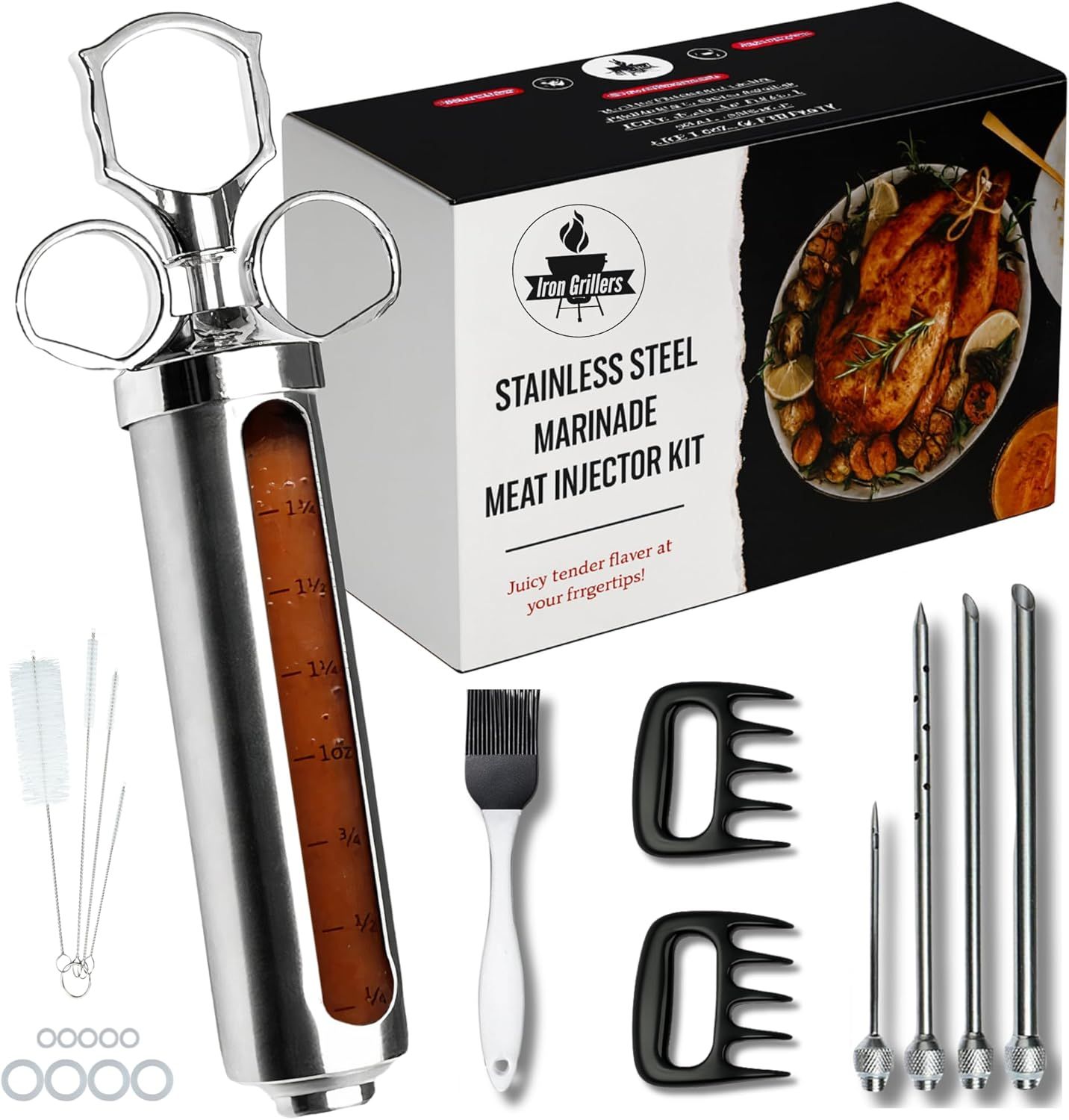 Shows the complete marinade meat injector kit with all included components to communicate the comprehensive value and functionality of the product set. Displays all the included accessories and…