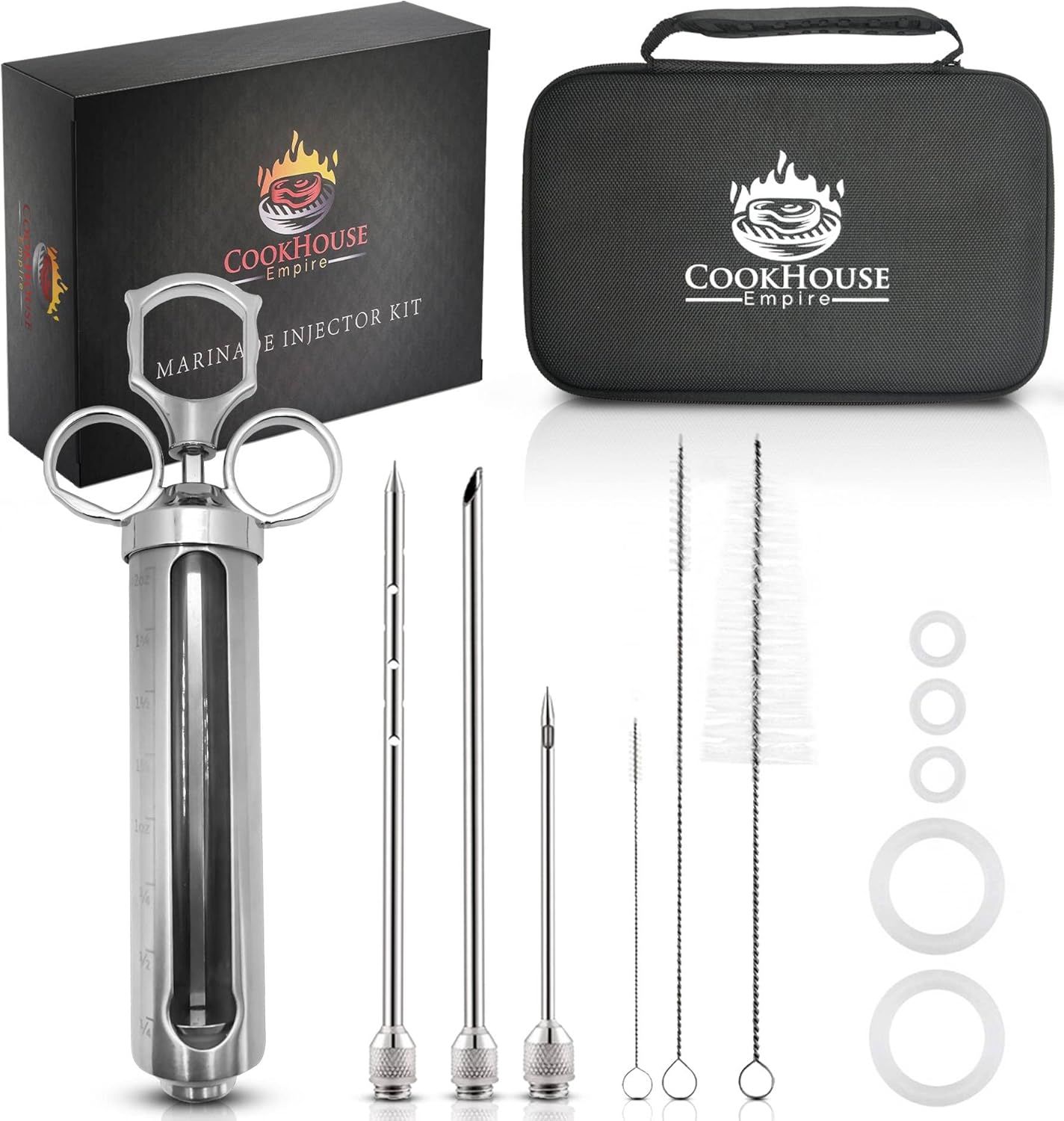 Displays the complete marinade injector kit with all included components to show shoppers exactly what they will receive and the comprehensive nature of the set. Showcases all the included…