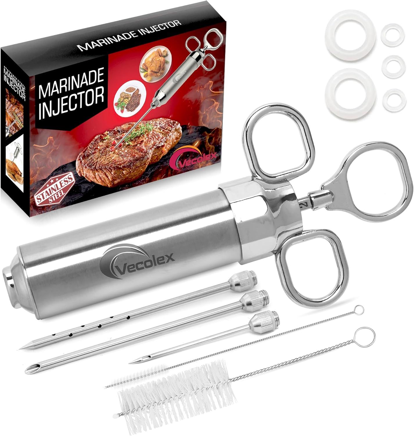 Displays the marinade injector as the core product along with all included accessories (needles, cleaning brush, silicone rings) to show the shopper exactly what they will receive in the purchase.…