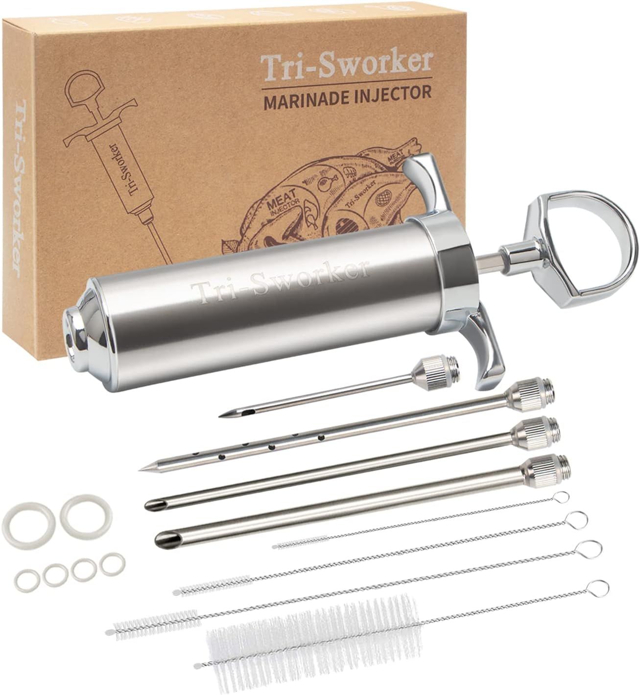 Shows the marinade injector as the core product along with all included needles, cleaning brushes, and sealing rings to communicate the complete kit contents and versatility. Displays the branded…