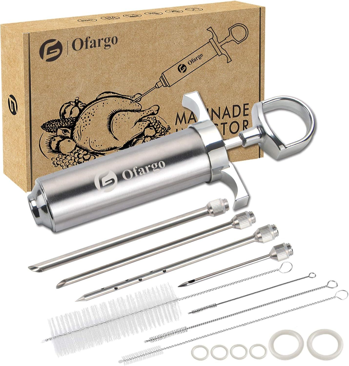 Shows the complete marinade injector kit with all included components to communicate the comprehensive nature of the product and what the buyer will receive. Displays all the included accessories…