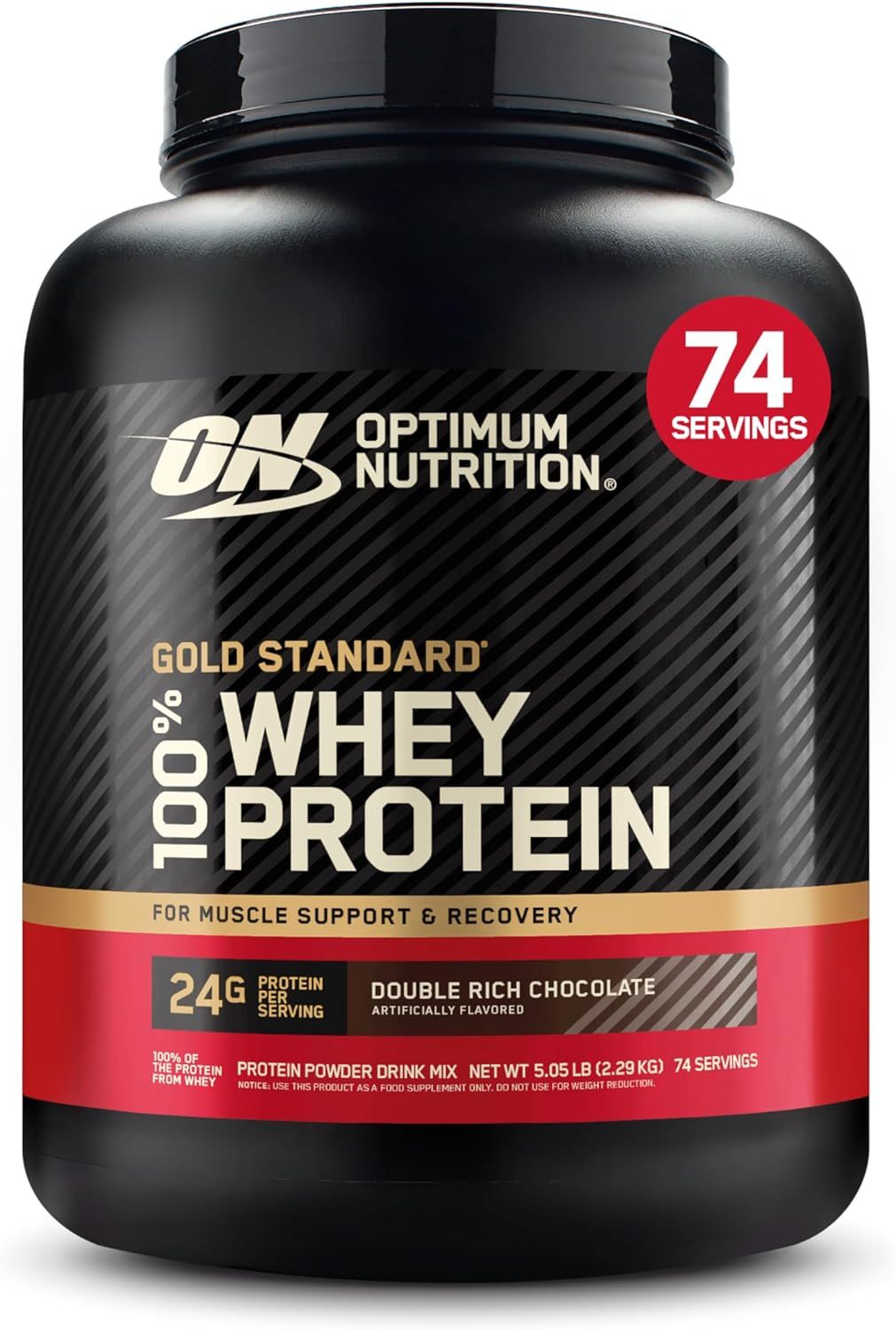 Displays the core sellable product—a large tub of Optimum Nutrition Gold Standard Whey Protein—in a clean, catalog-style presentation to clearly show what the shopper will receive. Uses a soft drop…