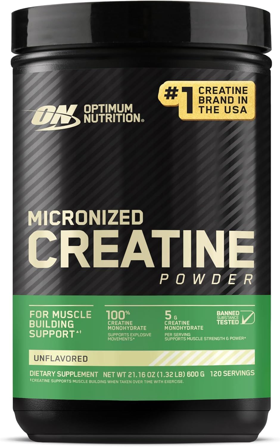 Displays the core product—a container of Optimum Nutrition Micronized Creatine Powder—clearly showing the brand, product name, and key benefits to help shoppers identify what they are purchasing.…