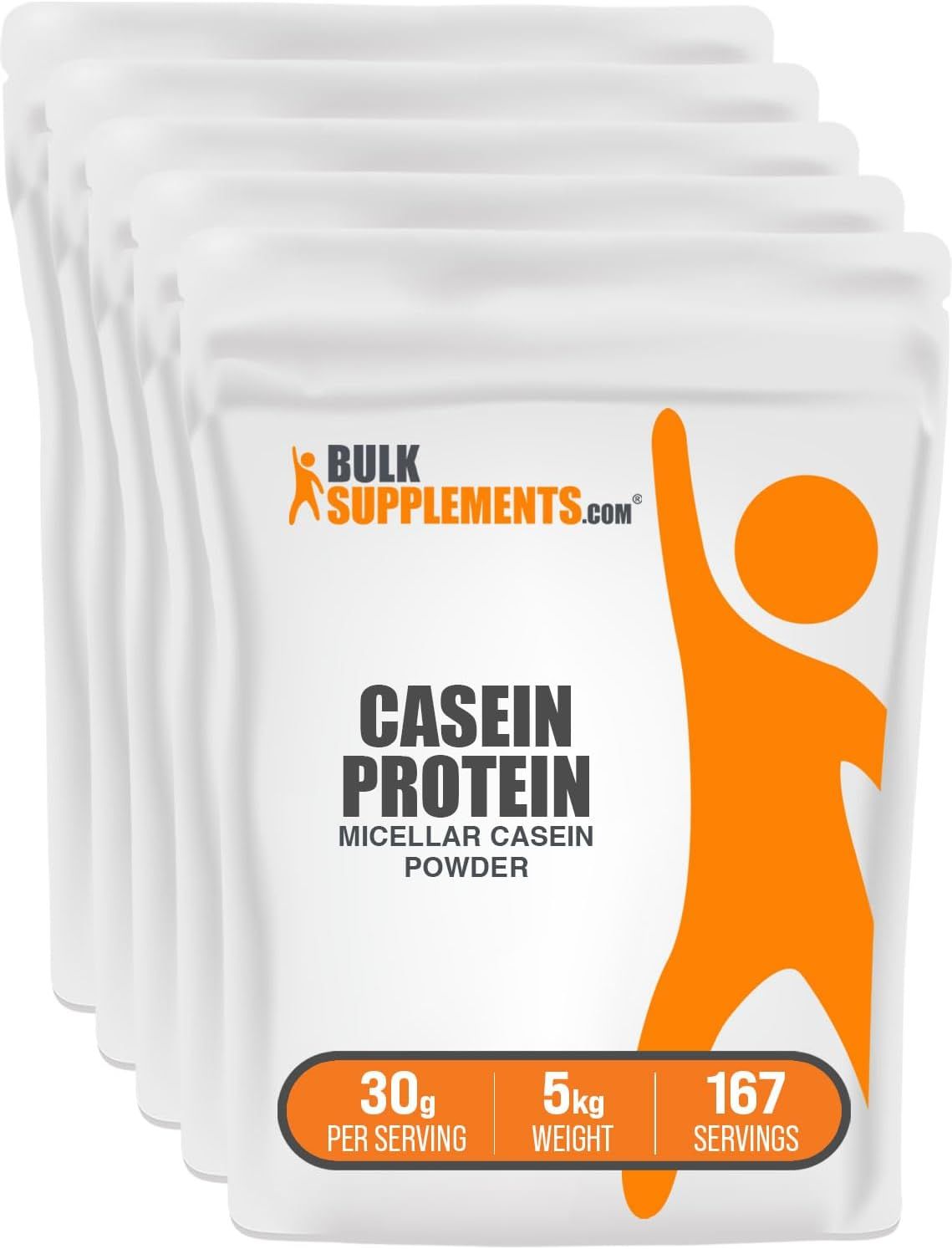 Displays the core product—a 5kg bag of casein protein powder—clearly showing the brand, product name, and key nutritional information to help shoppers identify what they are purchasing. Shows the…