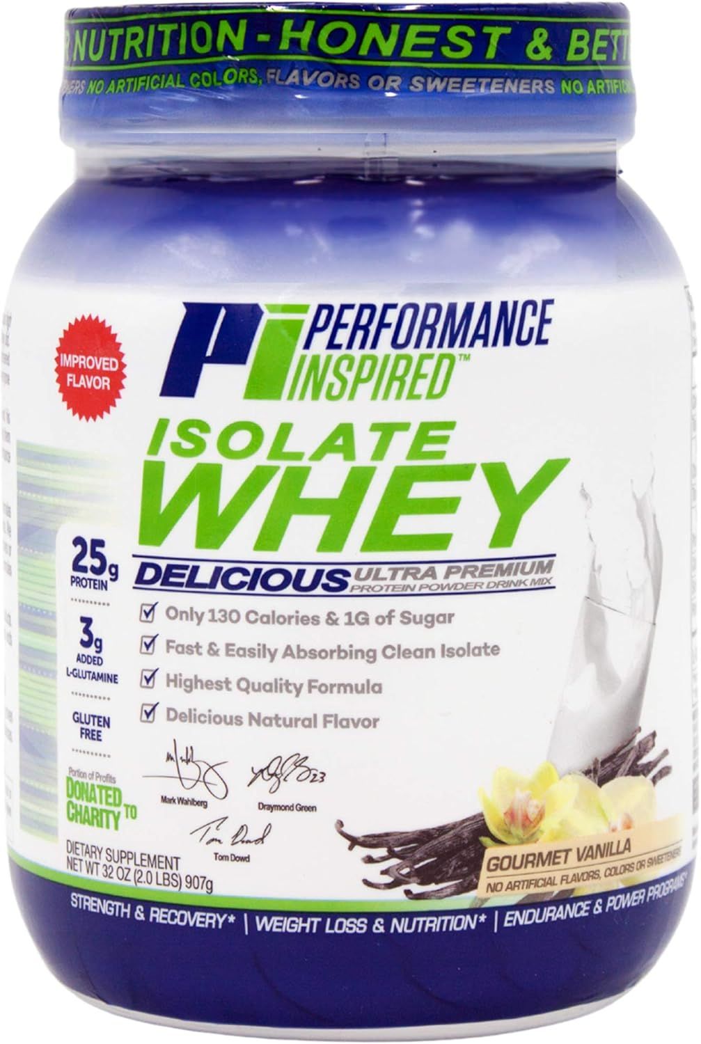 Displays the core sellable product, a Performance Inspired Isolate Whey protein powder container in Gourmet Vanilla flavor, showing the brand, product type, and key nutritional claims to help…