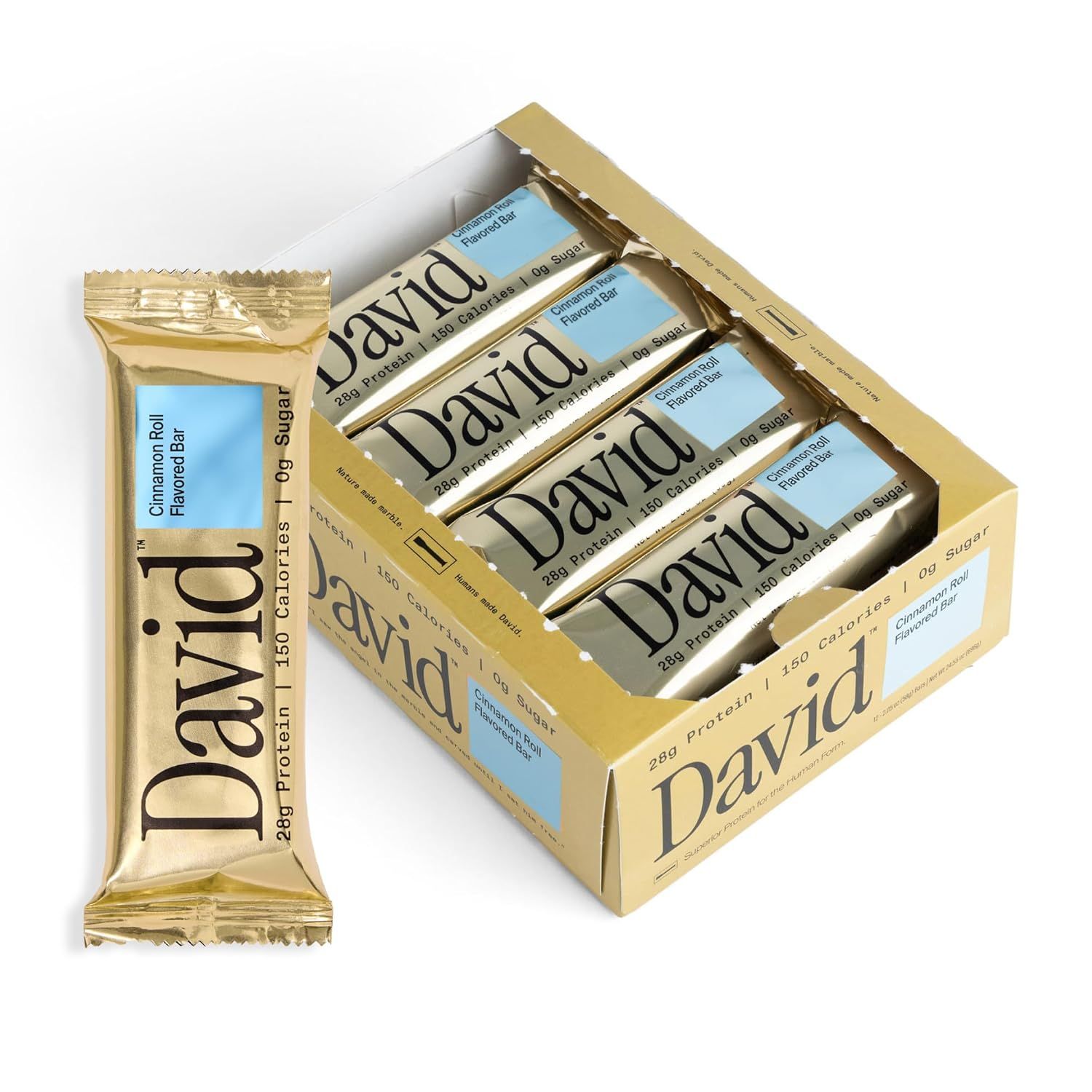 Shows the core product, a box of David protein bars in Cinnamon Roll flavor, along with an individual bar to display both the packaging and the product format. Displays the retail packaging…