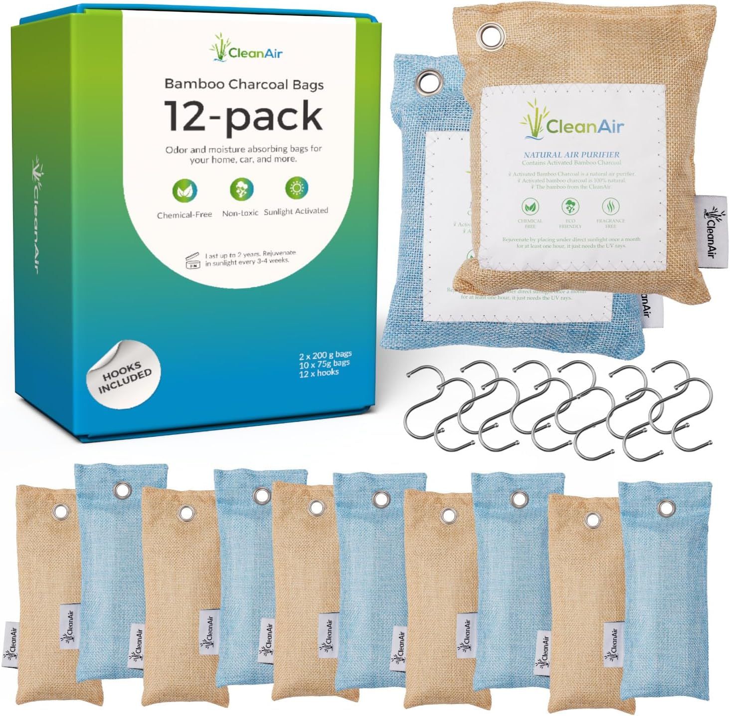 Shows the complete product set including all 12 bags in two colors, the retail packaging box, and included hooks to demonstrate the full contents of the purchase. Displays the branded retail…