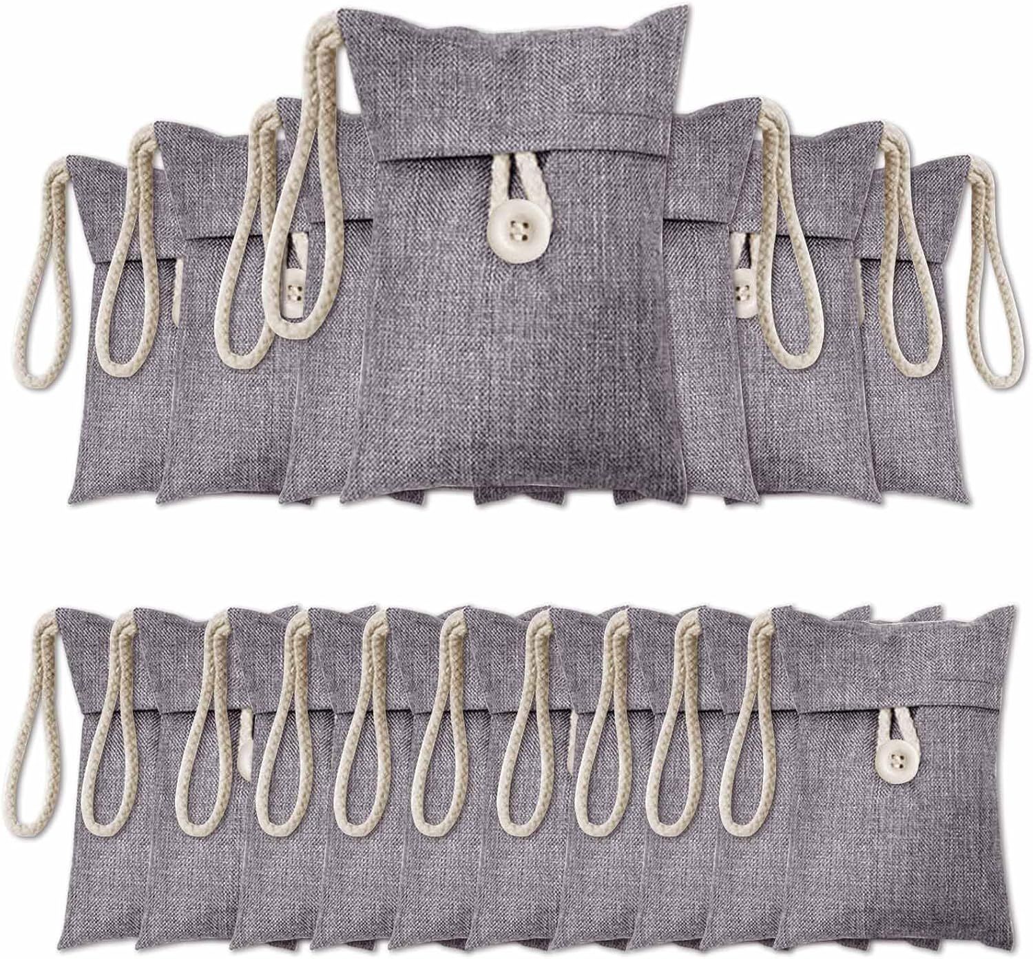 Displays the complete set of gray linen pouches in multiple sizes to show the buyer exactly what is included in the purchase and demonstrate the variety of sizes available for different storage needs.