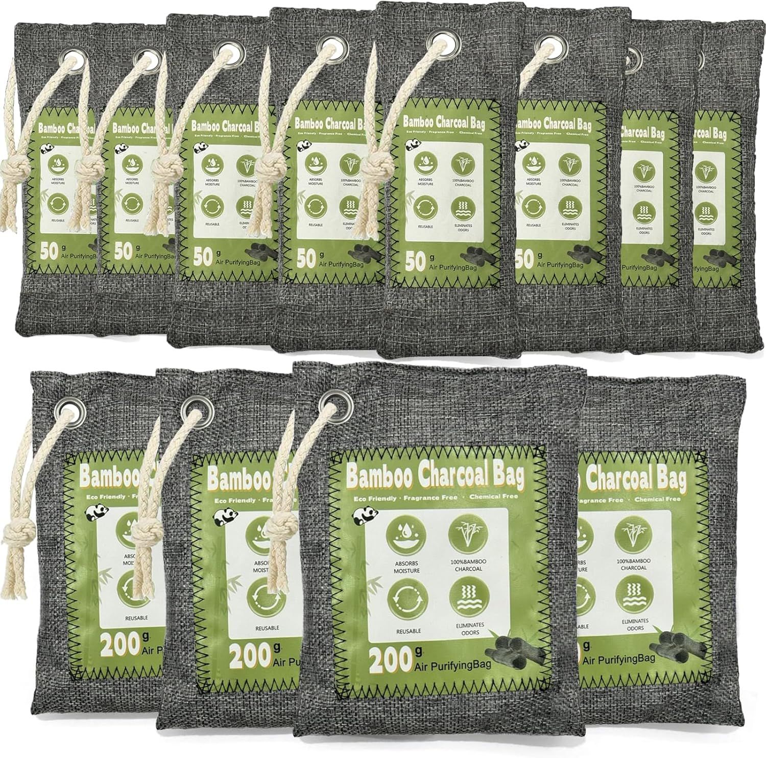 Displays the complete multi-pack set of bamboo charcoal air purifying bags in different sizes (50g and 200g) to show the buyer exactly what they will receive in the purchase. Shows the actual retail…