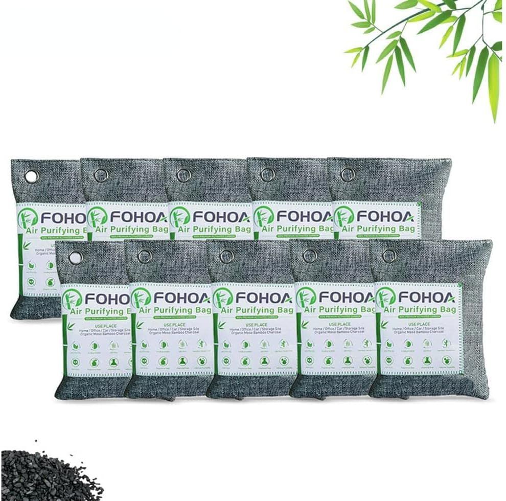 Shows the core product—a set of bamboo charcoal air purifying bags—clearly displayed to communicate what the shopper will receive. Uses decorative bamboo leaf graphics in the top right corner to…