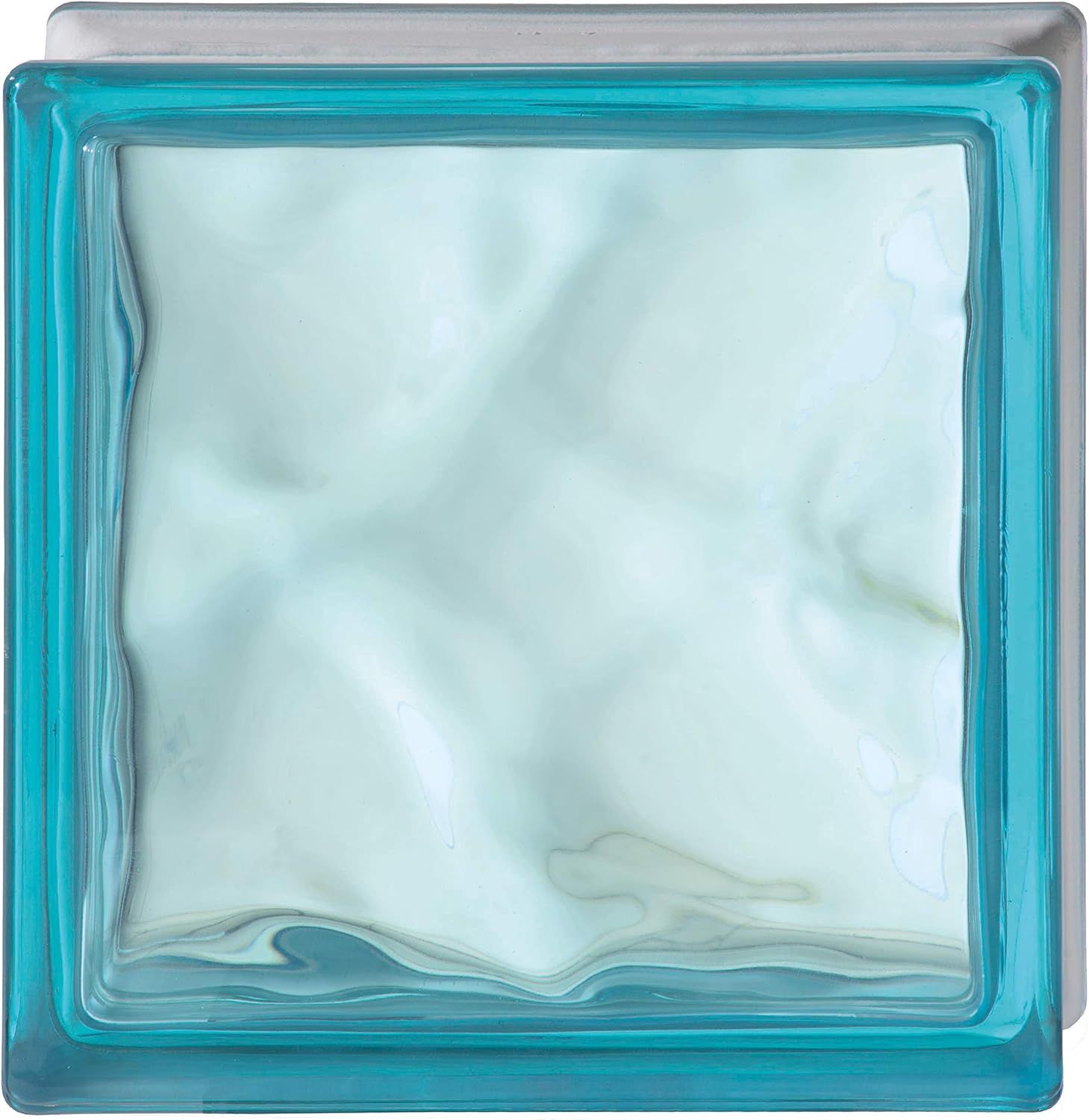 Displays the core product, a decorative glass block, showcasing its translucent turquoise color and wavy textured surface to help shoppers visualize its appearance and light-diffusing properties.