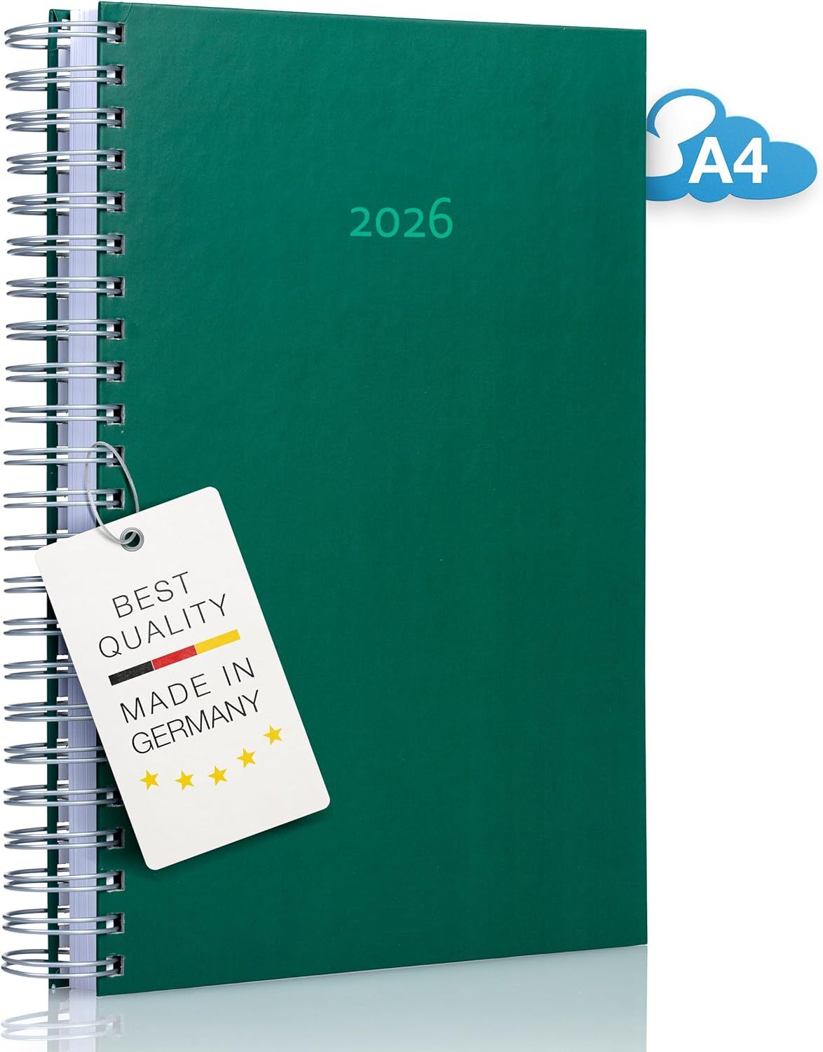 Displays the core product, a green spiral-bound 2026 notebook in A4 size, clearly showing its design and format to help shoppers understand what they are purchasing. Includes visual embellishments…